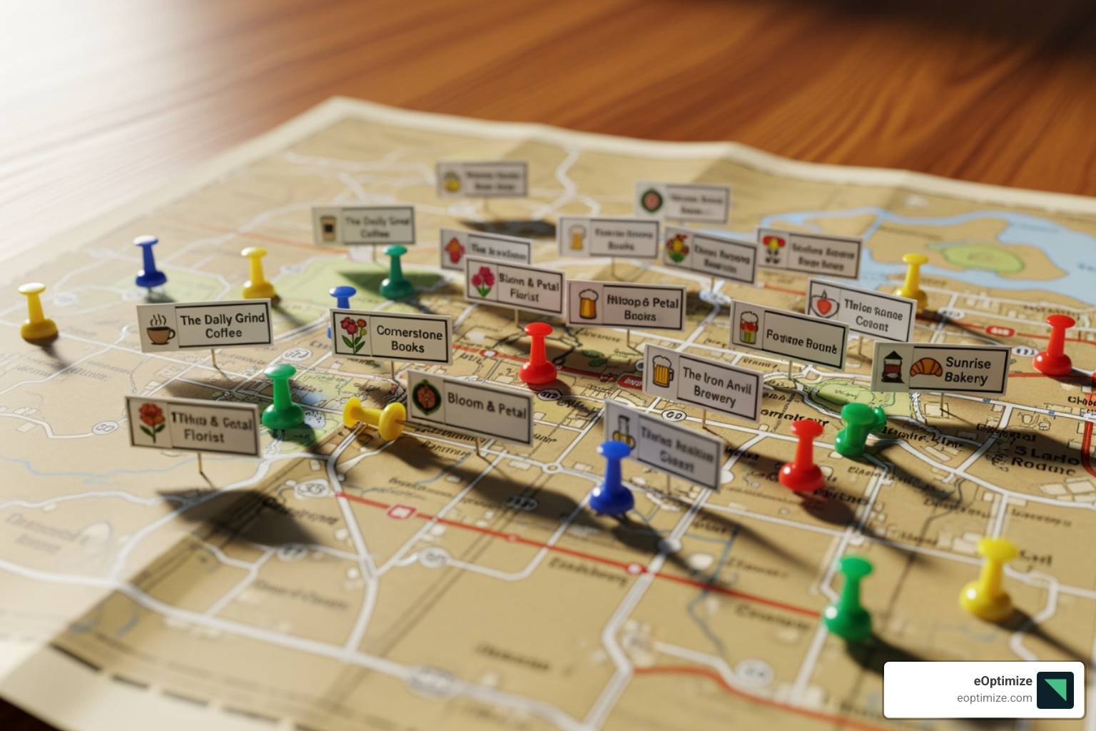map with pins showing local businesses - Optimize voice search