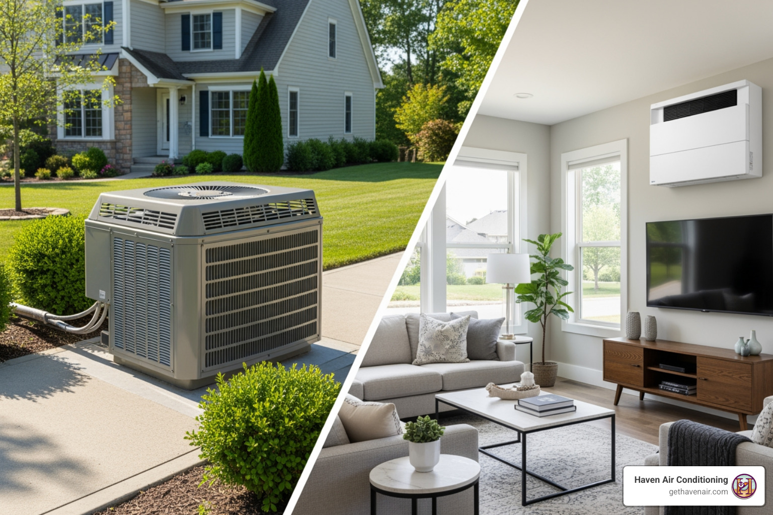 central AC unit outside a home and a ductless mini-split unit on an interior wall - air conditioner installation anaheim central AC unit outside a home and a ductless mini-split unit on an interior wall - air conditioner installation anaheim