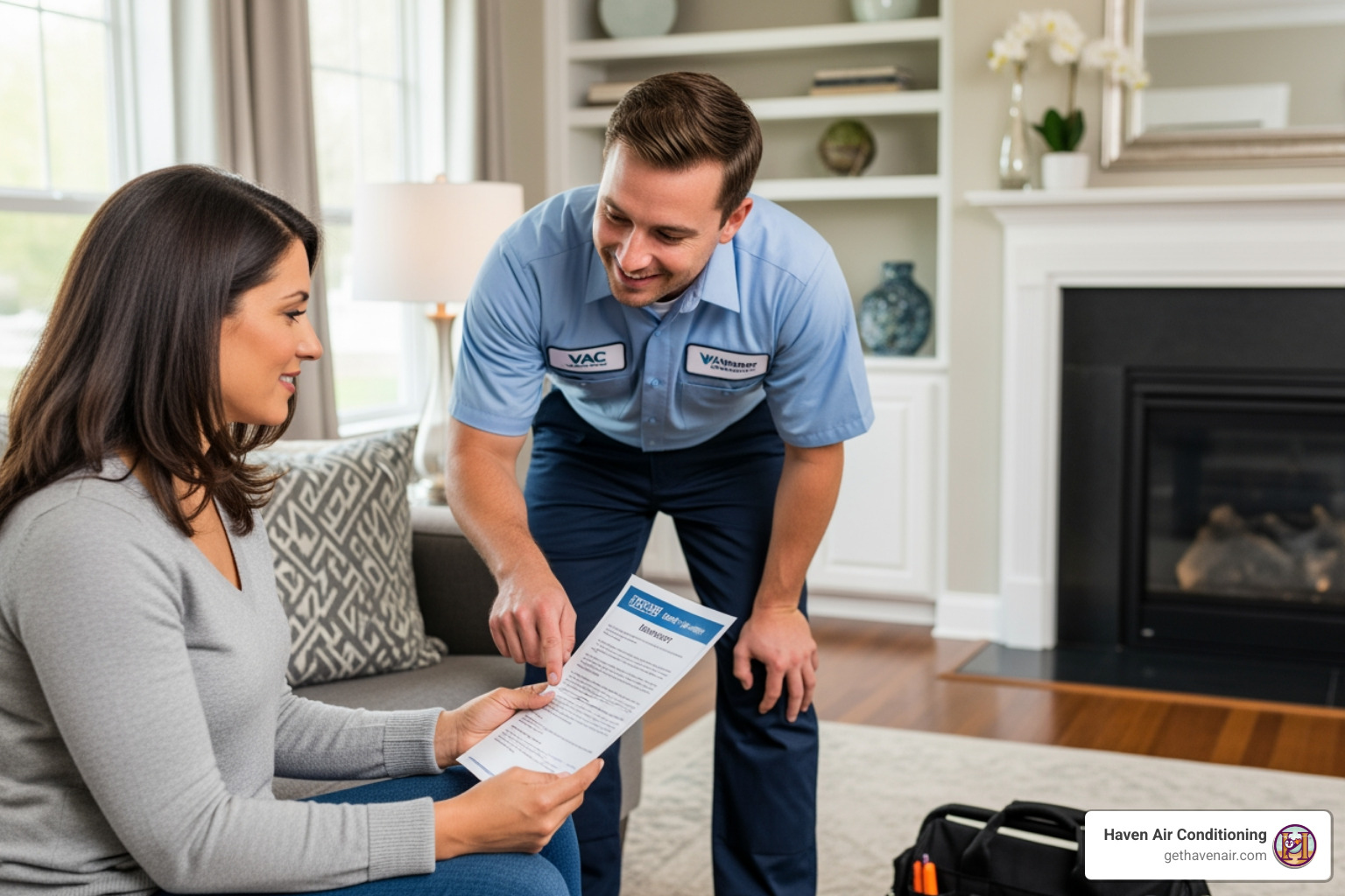 homeowner reviewing a warranty document with a friendly technician - air conditioner installation anaheim homeowner reviewing a warranty document with a friendly technician - air conditioner installation anaheim
