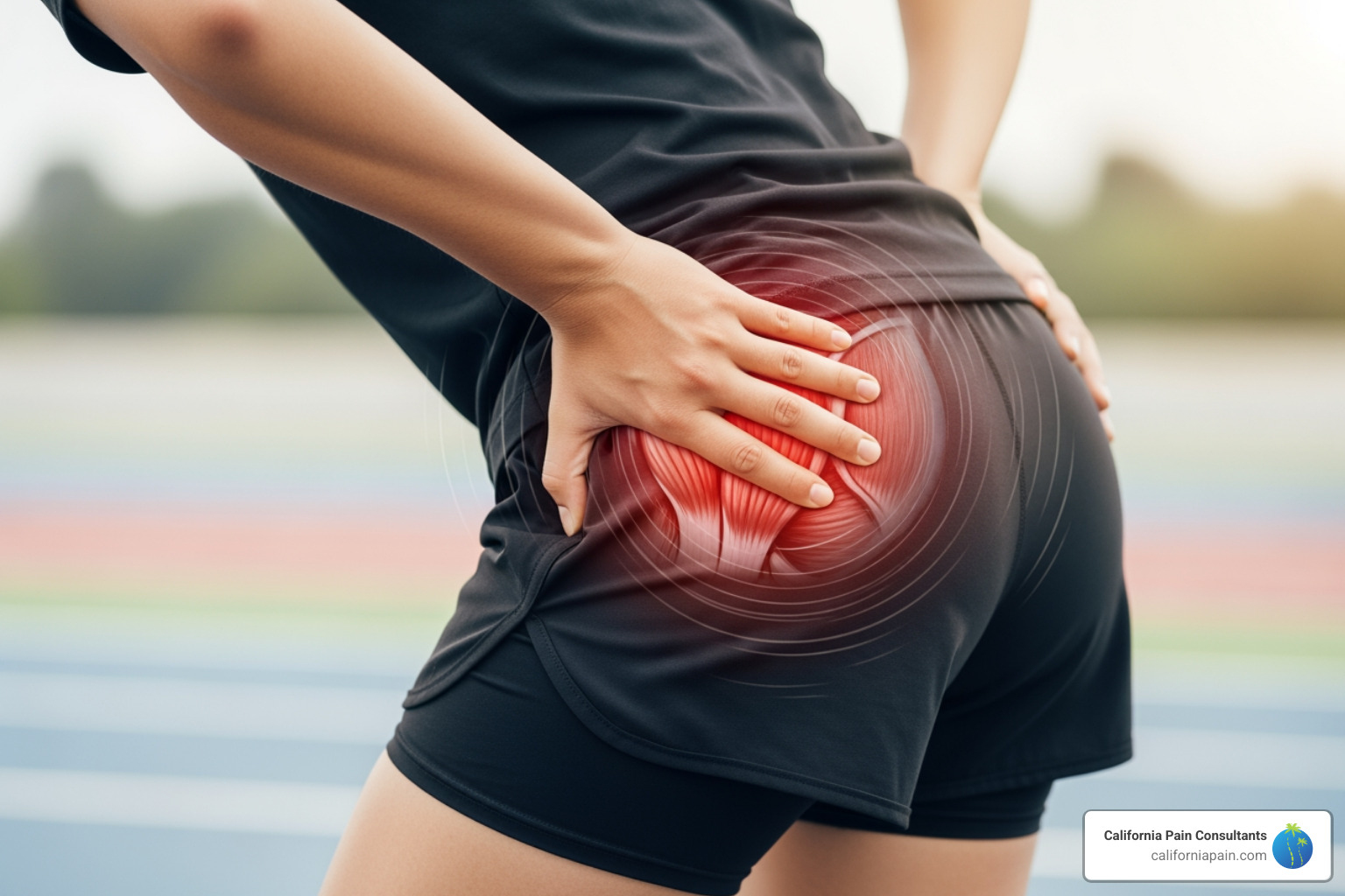 illustration of the area of pain for a lower back and buttock strain - pulled muscle lower back and buttock