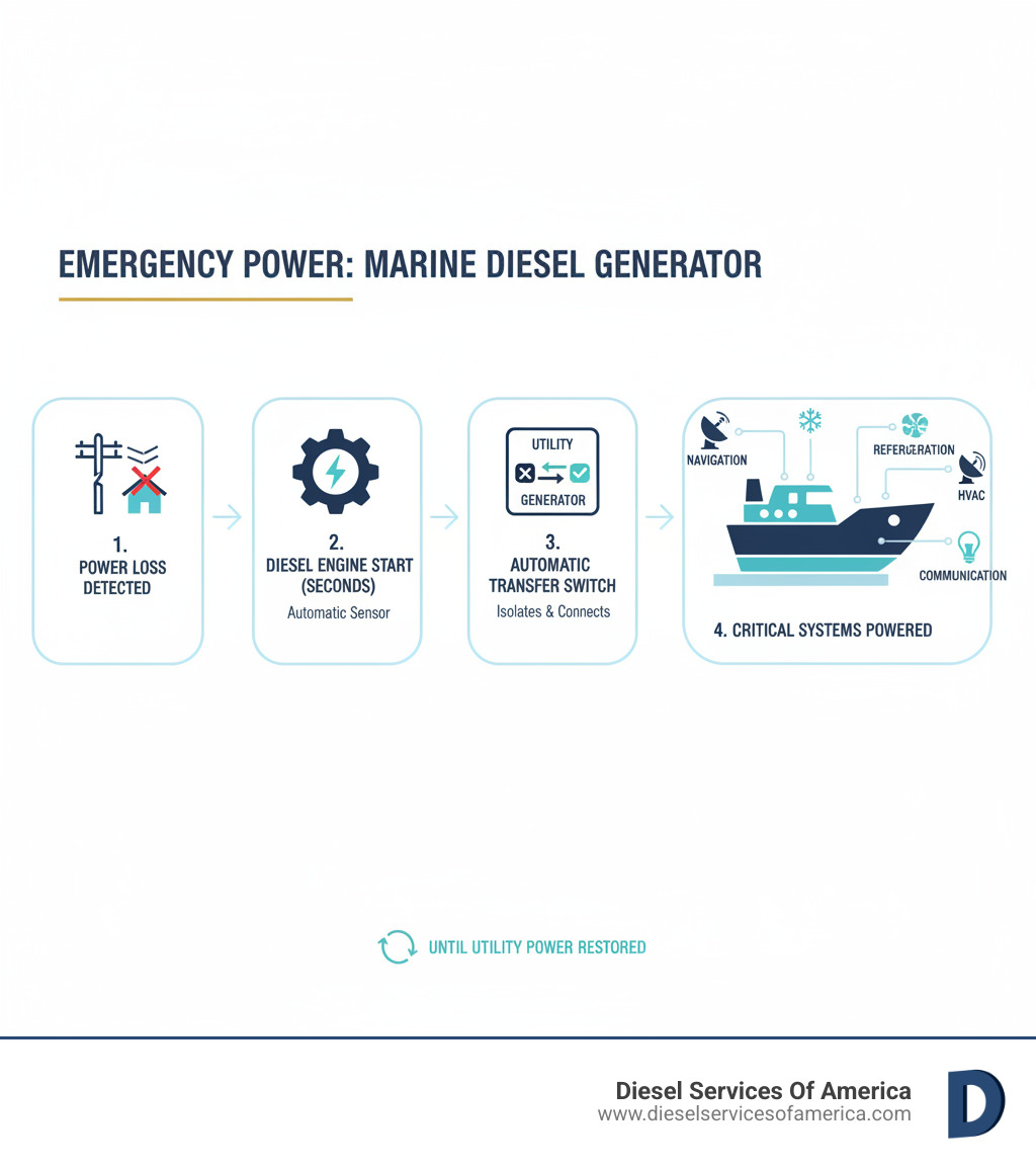 Infographic showing how a marine diesel standby generator automatically detects power loss, starts the diesel engine within seconds, powers the automatic transfer switch to isolate from utility power, and delivers electricity to critical systems including navigation equipment, refrigeration, HVAC, lighting, and communication devices until utility power is restored - emergency generator repair fort lauderdale fl infographic 