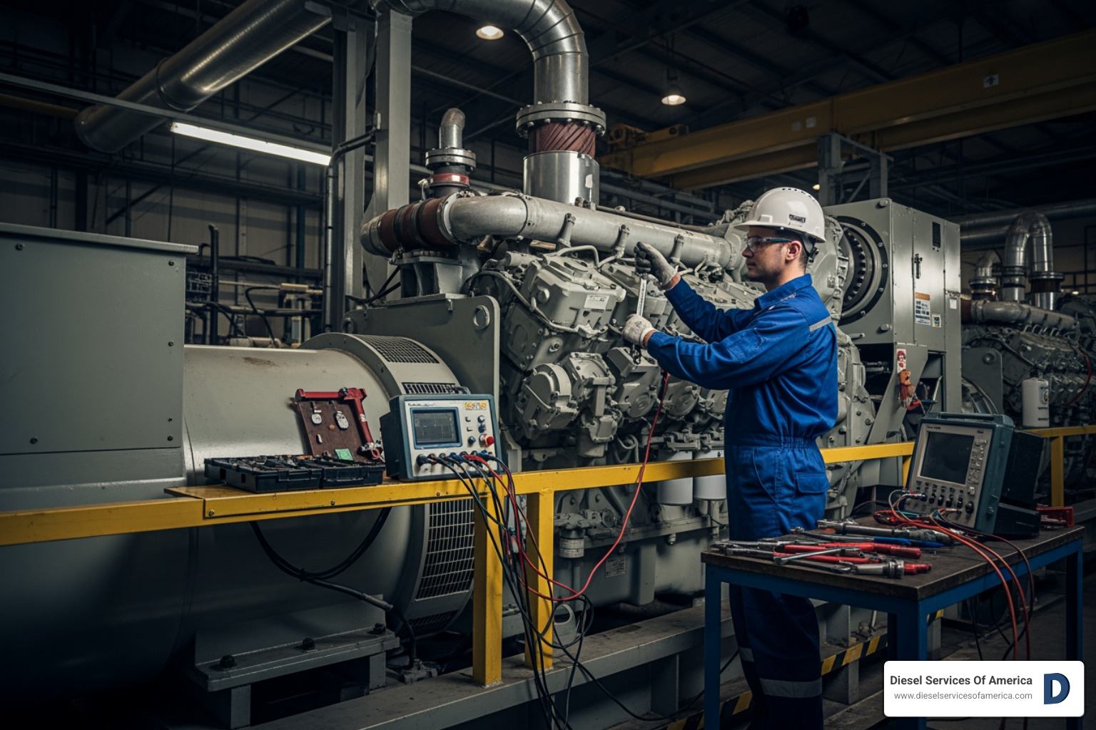 image of a technician performing maintenance on a large industrial diesel generator - emergency generator repair fort lauderdale fl