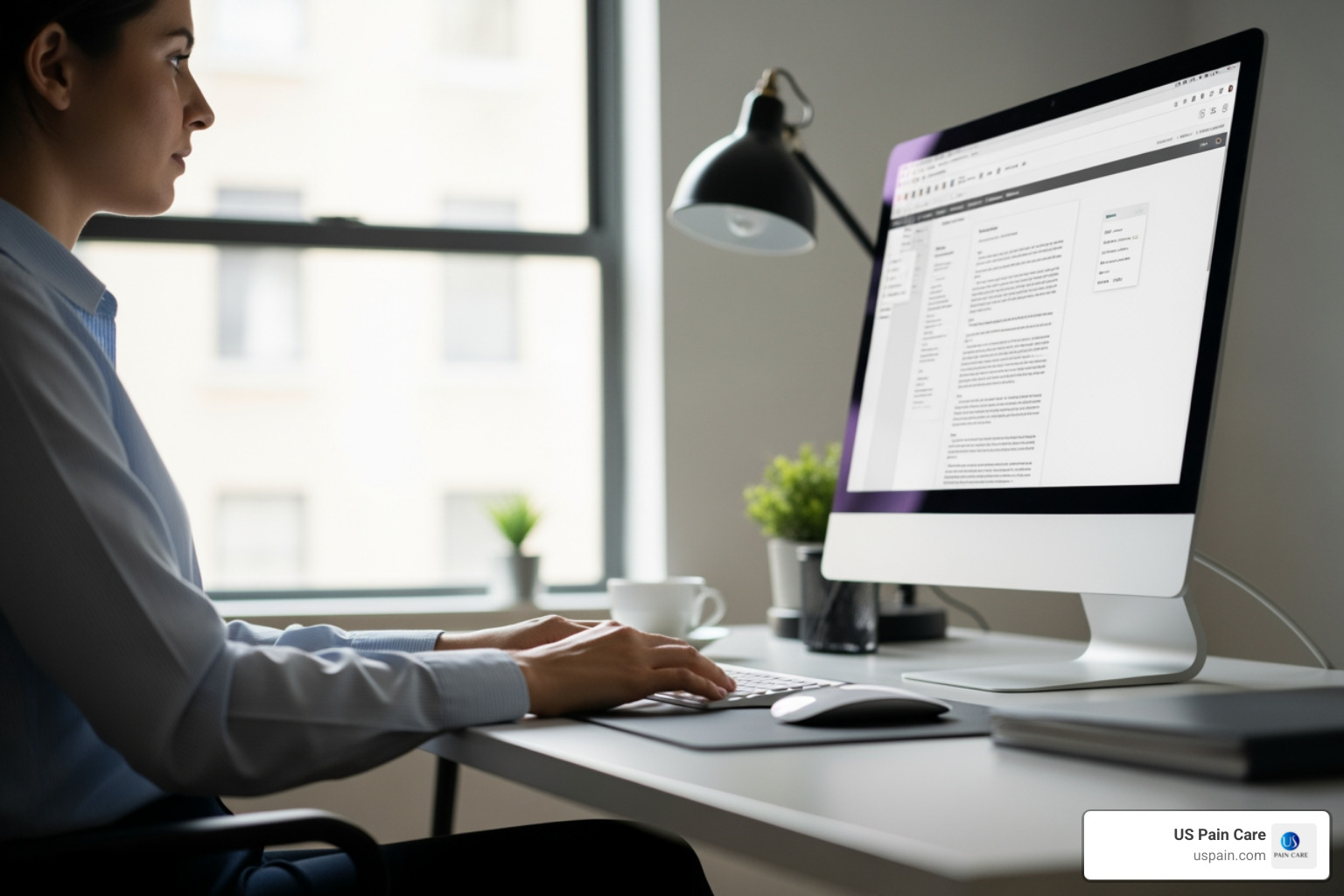Person sitting upright at a desk with good posture - clinical evaluation and treatment options for herniated lumbar disc Person sitting upright at a desk with good posture - clinical evaluation and treatment options for herniated lumbar disc