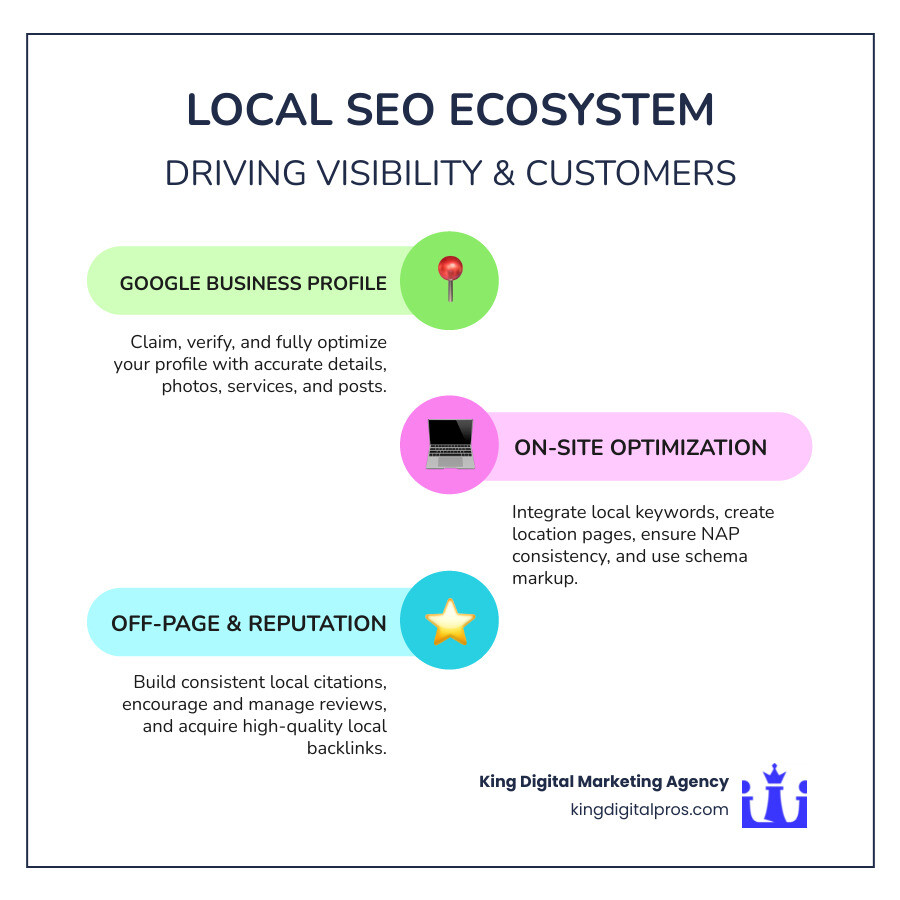 infographic showing the local SEO ecosystem with Google Business Profile at the center, connected to website optimization, citations, reviews, and local content, with the Map Pack and organic results as outcomes - optimize local search infographic infographic-line-3-steps-colors infographic showing the local SEO ecosystem with Google Business Profile at the center, connected to website optimization, citations, reviews, and local content, with the Map Pack and organic results as outcomes - optimize local search infographic infographic-line-3-steps-colors