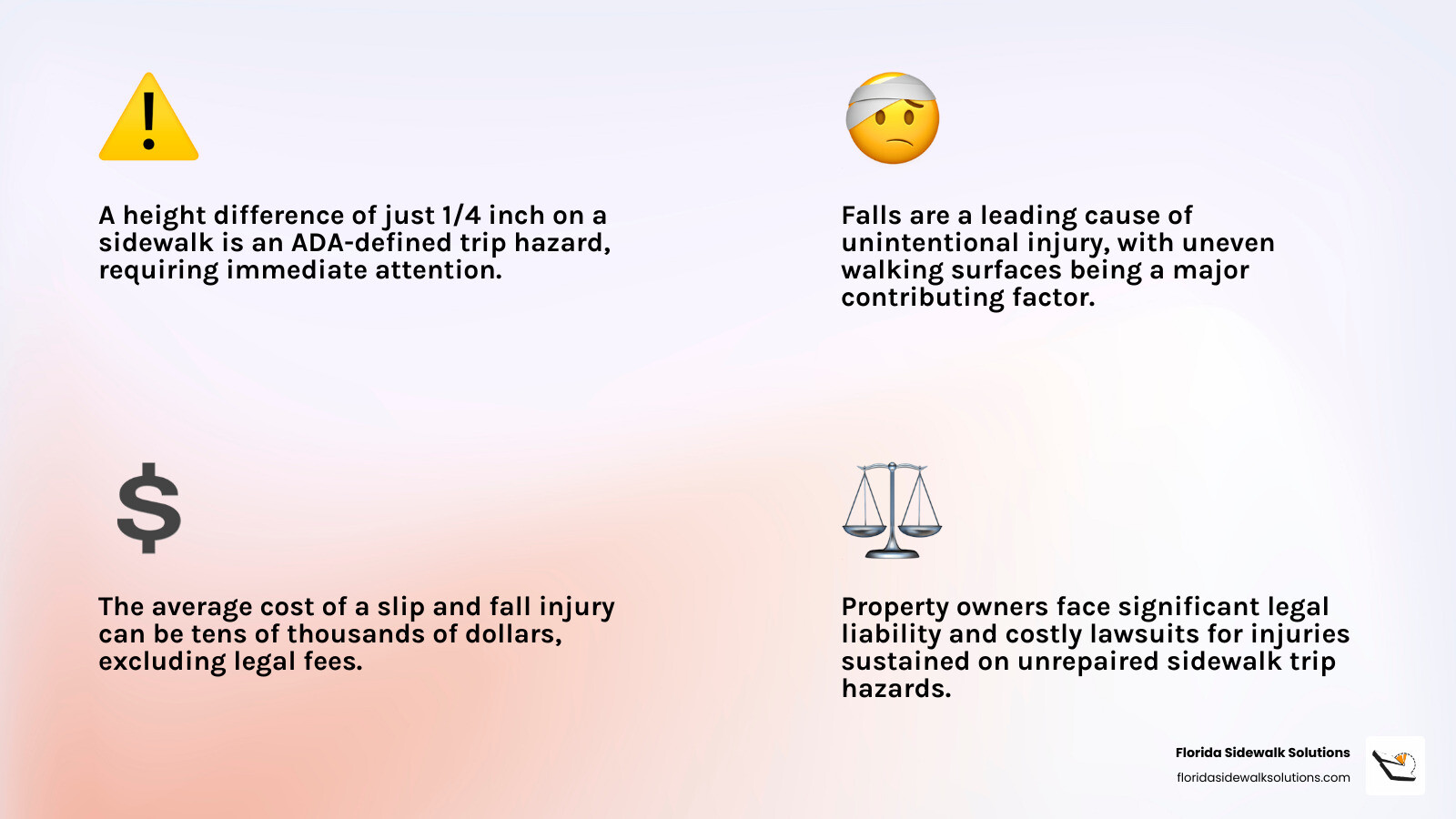 infographic showing a cross-section of two concrete slabs with a height difference of more than 1/4 inch, labeled as an ADA trip hazard, alongside statistics showing that falls are a leading cause of injury and that municipalities face significant liability for unrepaired sidewalks - Concrete slab leveling infographic 4_facts_emoji_light-gradient infographic showing a cross-section of two concrete slabs with a height difference of more than 1/4 inch, labeled as an ADA trip hazard, alongside statistics showing that falls are a leading cause of injury and that municipalities face significant liability for unrepaired sidewalks - Concrete slab leveling infographic 4_facts_emoji_light-gradient
