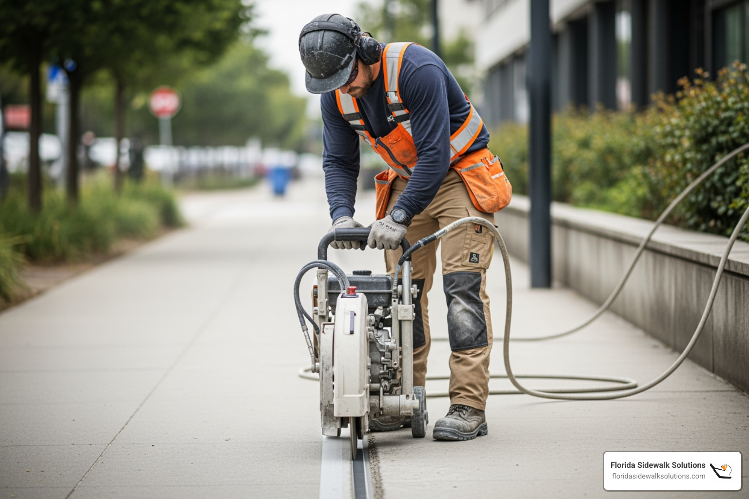 a technician using a specialized concrete cutting machine on a sidewalk - Concrete slab leveling a technician using a specialized concrete cutting machine on a sidewalk - Concrete slab leveling