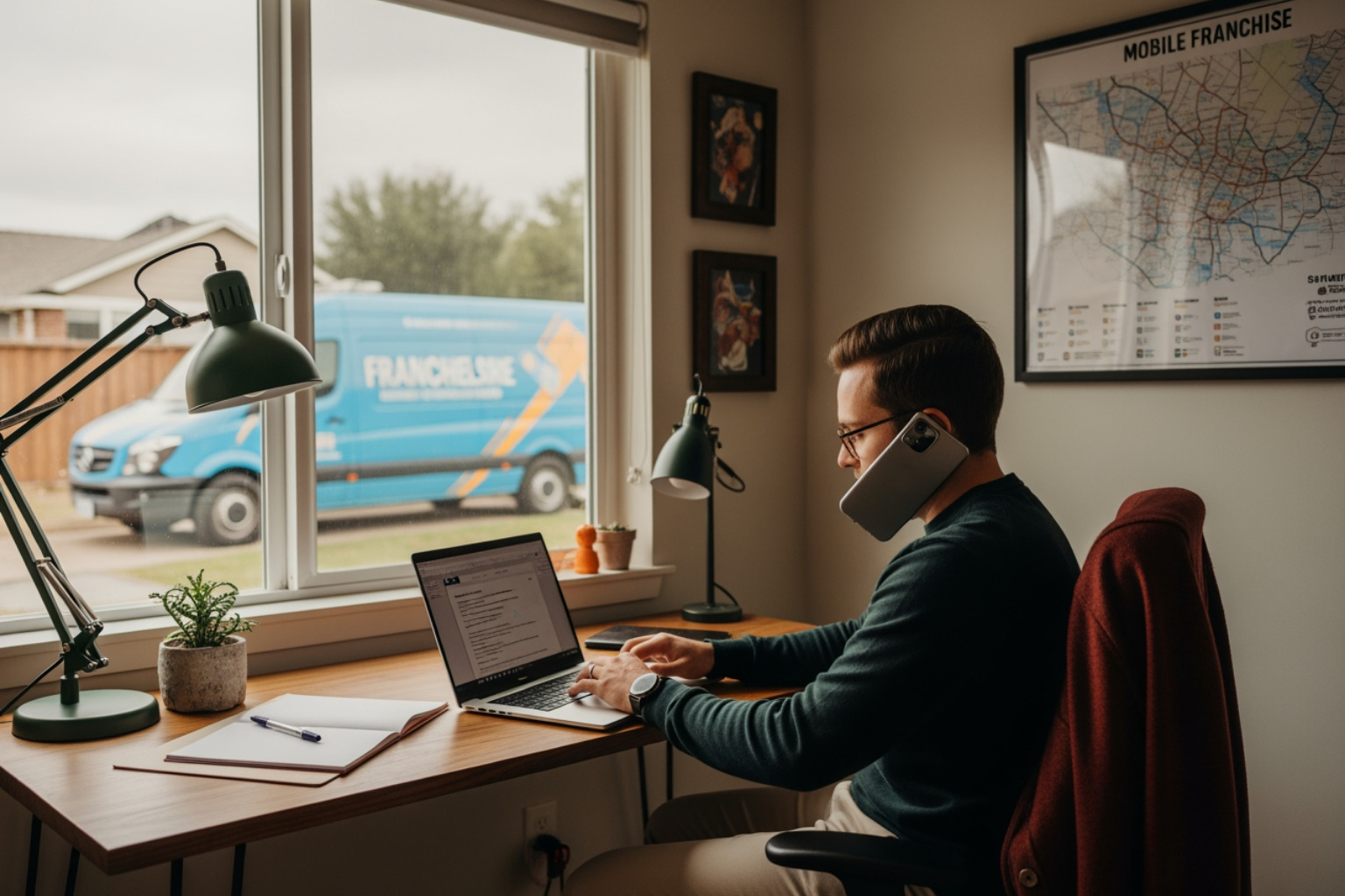 person working from a home office for their mobile franchise business - Affordable franchise opportunities
