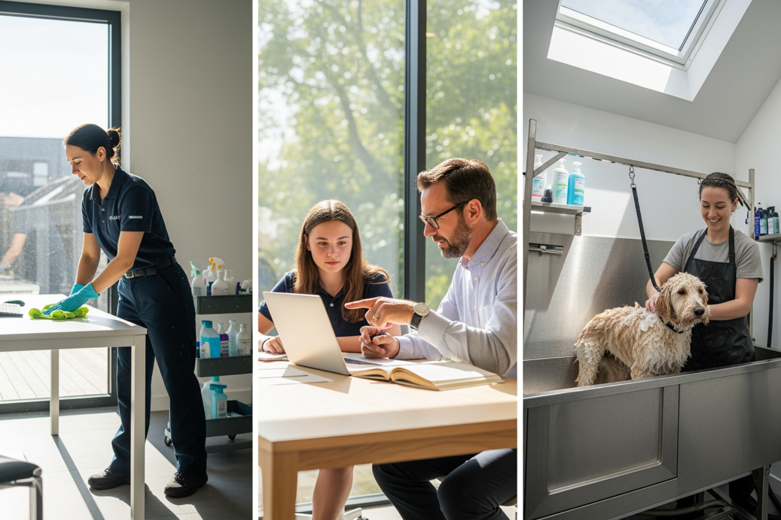 various service industry professionals at work (cleaner, tutor, pet groomer) - Affordable franchise opportunities