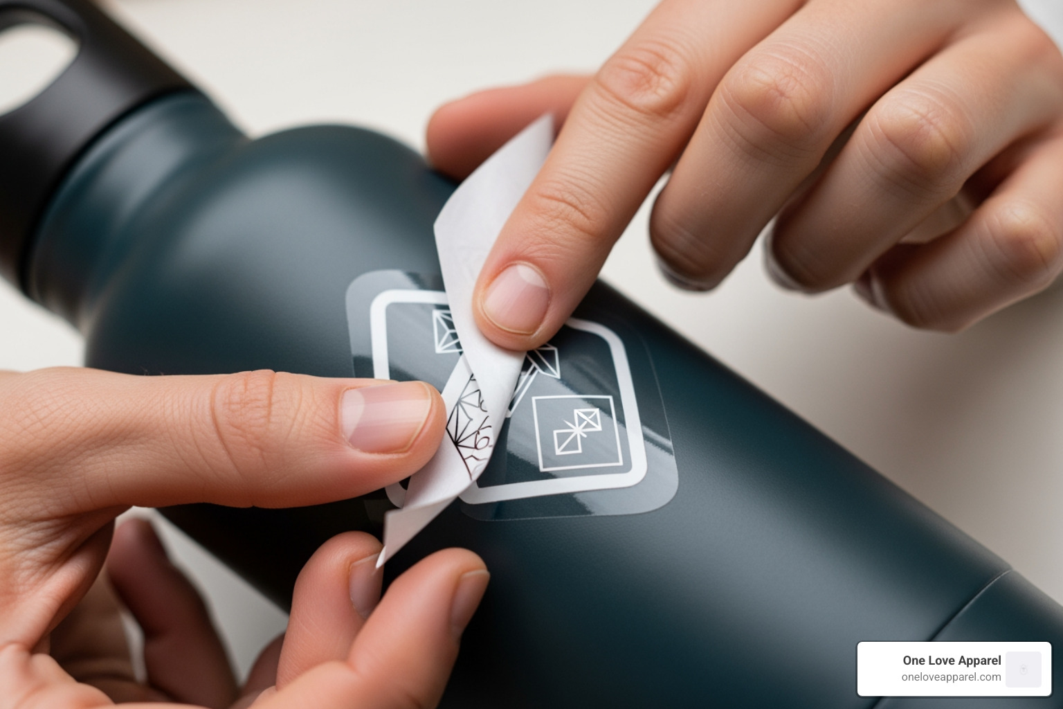 hands carefully applying a sticker to a clean water bottle - cool stickers for water bottles