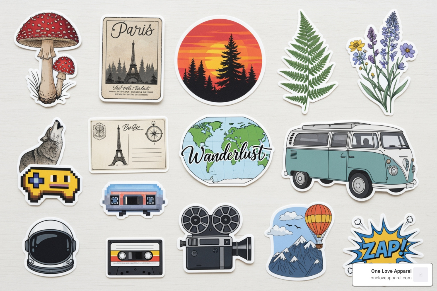 flat lay of various sticker themes like nature, travel, and pop culture - cool stickers for water bottles