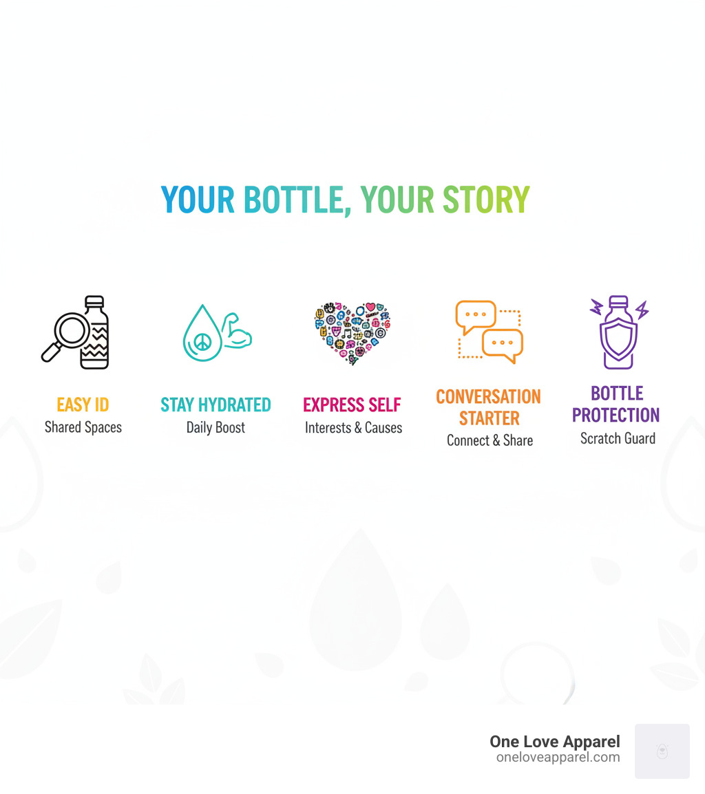 Infographic showing benefits of personalizing water bottles with stickers: easy identification in shared spaces, motivation to stay hydrated throughout the day, expression of personal interests and causes, conversation starters with like-minded people, and protection of bottle surface from scratches - cool stickers for water bottles infographic 
