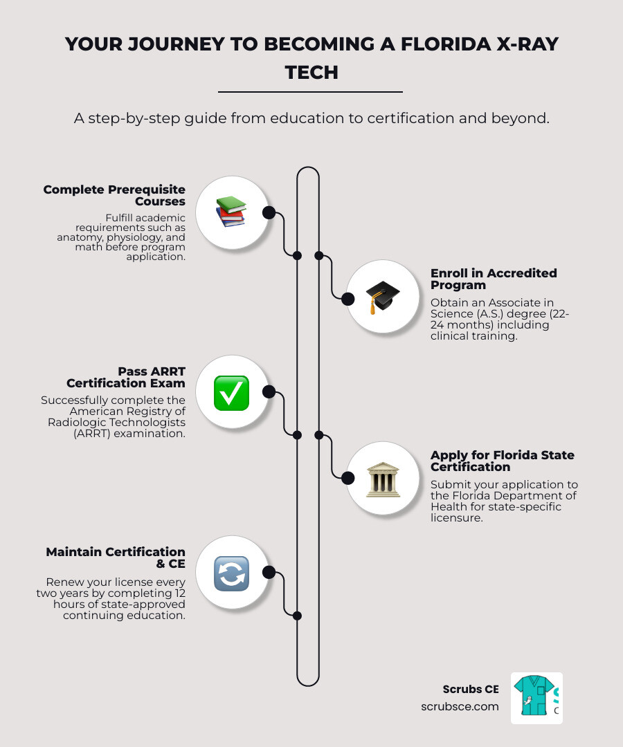 Step-by-step pathway to becoming a certified Florida X-ray tech, showing the progression from completing prerequisite courses through accredited program enrollment, clinical training, ARRT examination, Florida state certification application, and biennial license renewal with continuing education requirements - Florida X-ray tech infographic infographic-line-5-steps-elegant_beige Step-by-step pathway to becoming a certified Florida X-ray tech, showing the progression from completing prerequisite courses through accredited program enrollment, clinical training, ARRT examination, Florida state certification application, and biennial license renewal with continuing education requirements - Florida X-ray tech infographic infographic-line-5-steps-elegant_beige