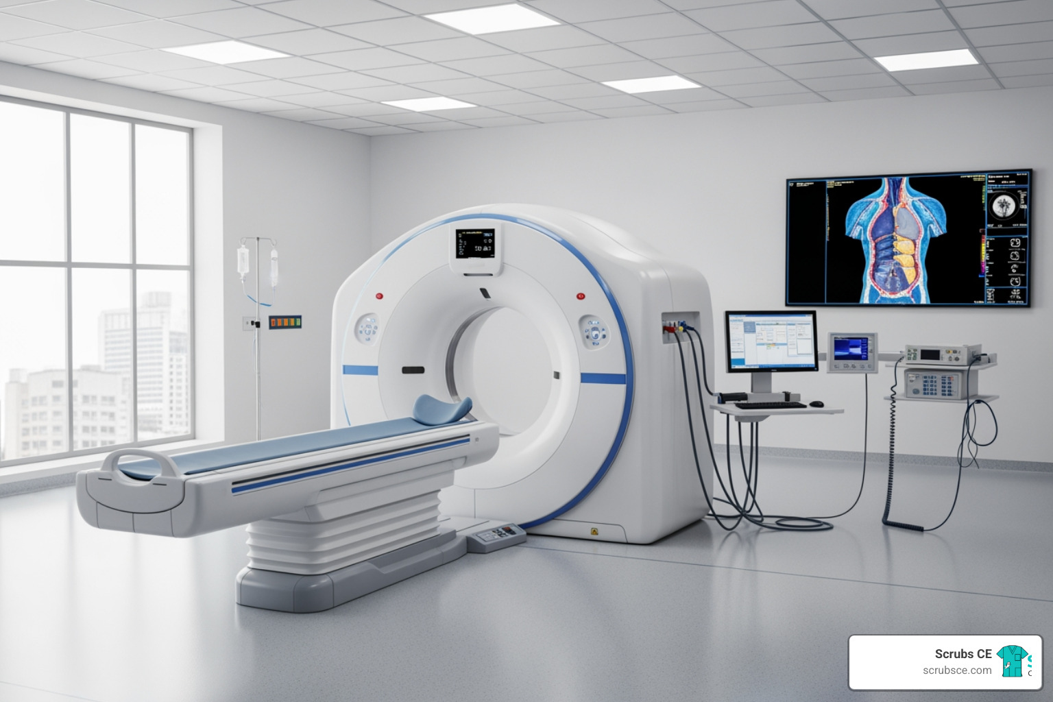 A CT scanner in a hospital room, highlighting advanced imaging technology - Florida X-ray tech A CT scanner in a hospital room, highlighting advanced imaging technology - Florida X-ray tech