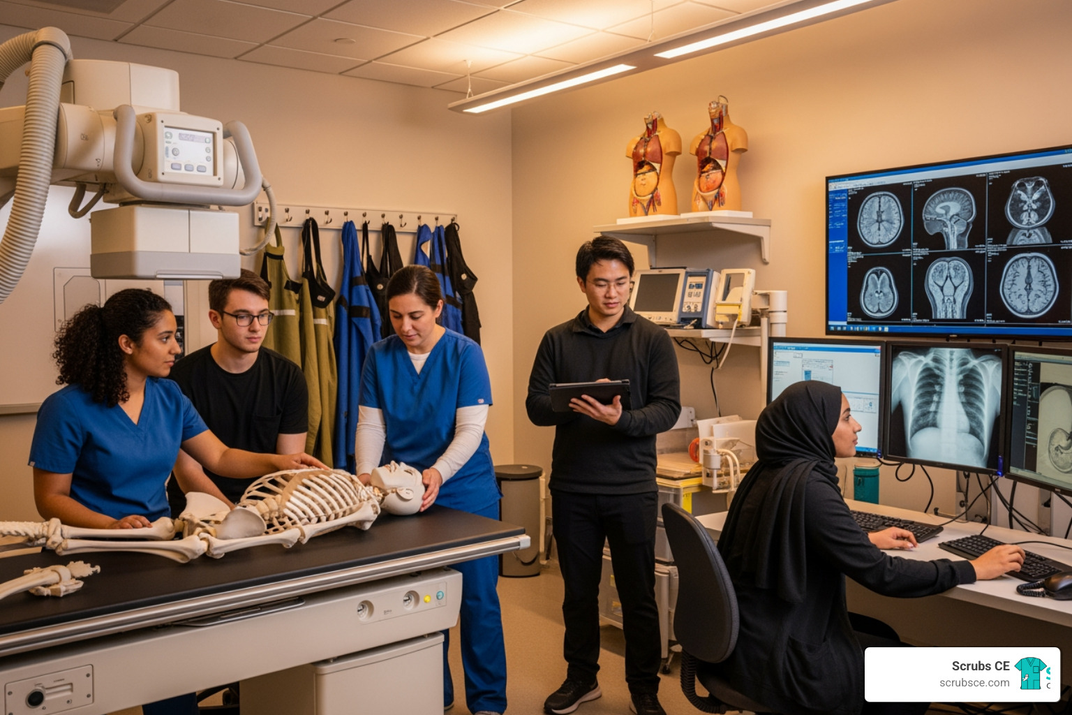 Diverse students in a radiography lab setting, practicing with X-ray equipment and reviewing images - Florida X-ray tech Diverse students in a radiography lab setting, practicing with X-ray equipment and reviewing images - Florida X-ray tech