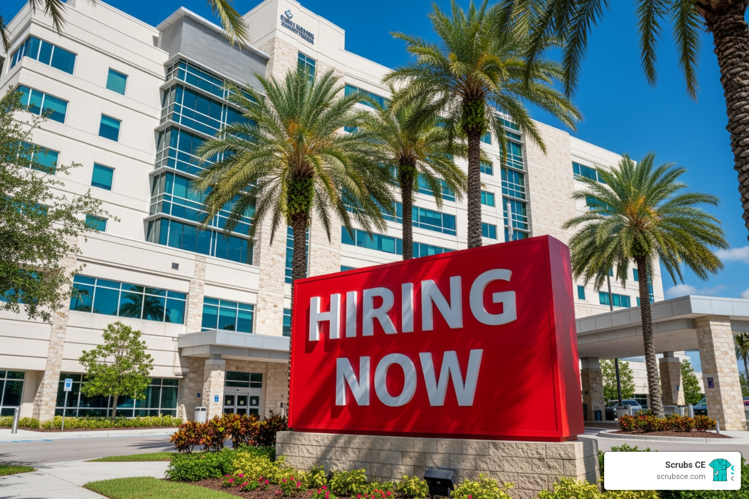 A "Hiring Now" sign prominently displayed outside a Florida hospital or clinic, indicating high demand for healthcare professionals - Florida X-ray tech A "Hiring Now" sign prominently displayed outside a Florida hospital or clinic, indicating high demand for healthcare professionals - Florida X-ray tech