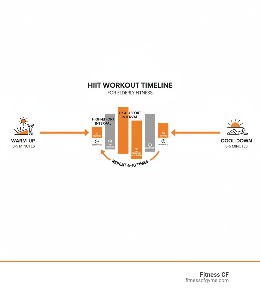 Infographic showing a timeline of a HIIT workout: 3-5 minute warm-up, followed by alternating 30-second high-effort intervals and 30-60 second recovery periods repeated 6-10 times, ending with a 3-5 minute cool-down - hiit workout for elderly infographic 