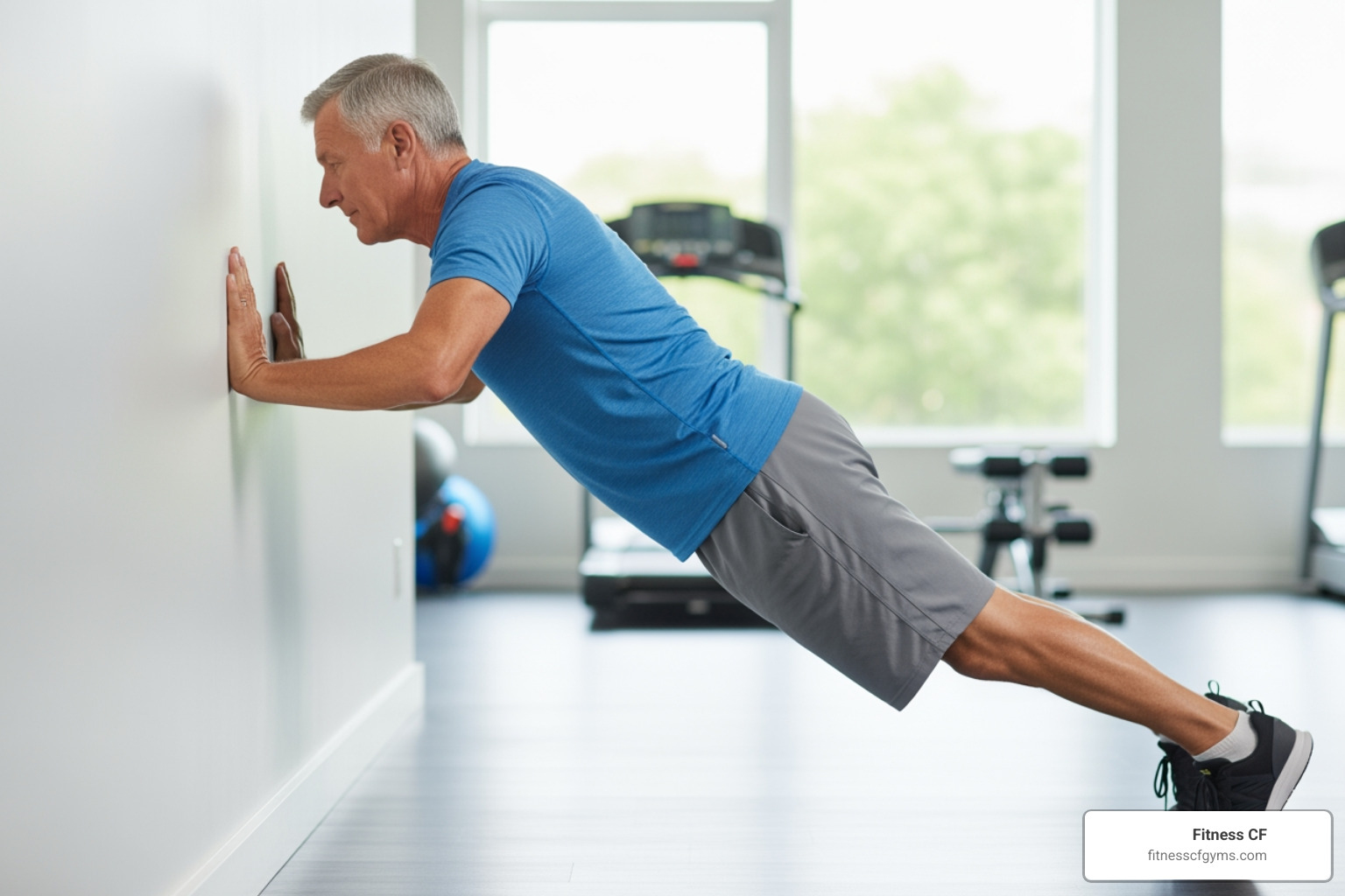 senior performing modified wall push-up - hiit workout for elderly