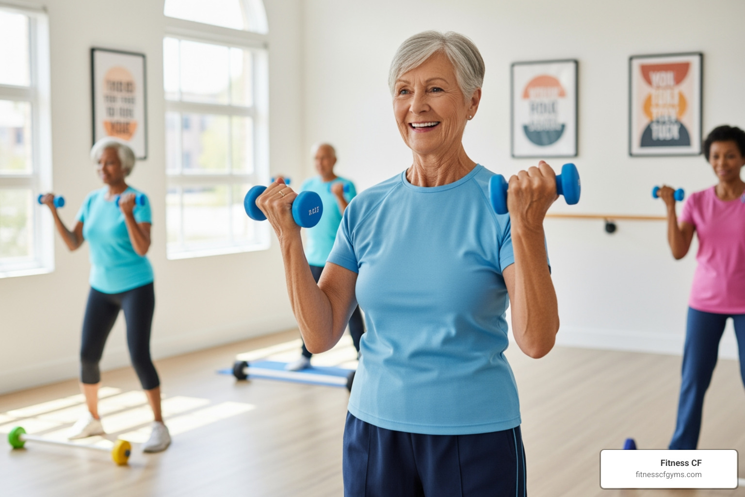 senior adding light hand weights to an exercise - hiit workout for elderly