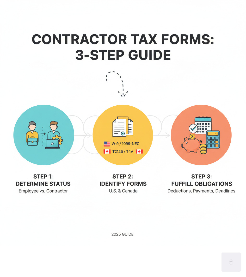 infographic showing the three-step process: Step 1 - Determine your worker status (employee vs. contractor); Step 2 - Identify the right tax forms (W-9/1099-NEC for U.S., T2125/T4A for Canada); Step 3 - Fulfill tax obligations (deductions, payments, deadlines) - contractor tax form infographic 