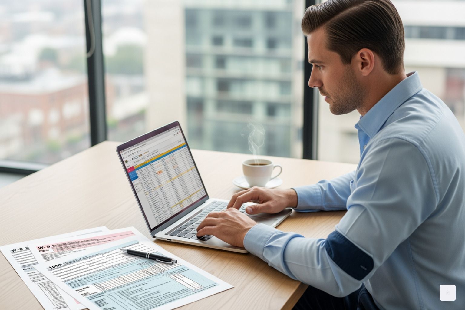 contractor working on laptop with tax forms - contractor tax form