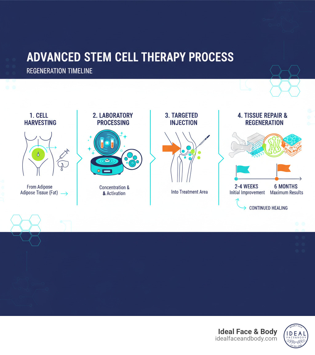 infographic showing stem cell therapy process from extraction through cellular differentiation to tissue repair, highlighting key steps: cell harvesting from adipose tissue, laboratory processing and concentration, targeted injection into treatment area, and regeneration timeline from 2-4 weeks initial improvement to 6 months maximum results - Advanced stem cell therapy infographic 
