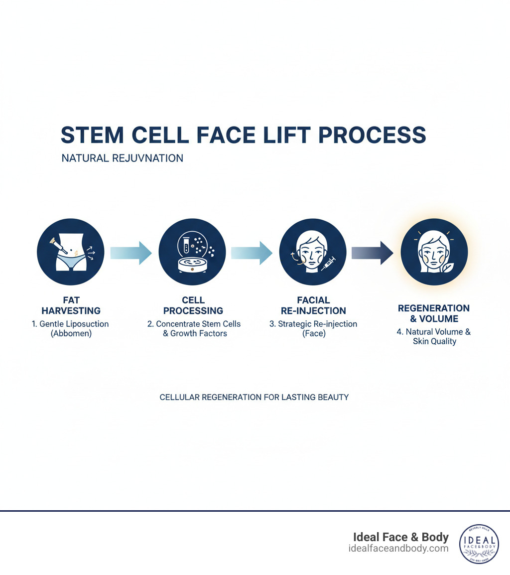 Infographic showing the stem cell face lift process: fat harvesting from abdomen via gentle liposuction, processing to concentrate stem cells and growth factors, strategic re-injection into facial areas of volume loss including cheeks temples and under-eyes, resulting in natural volume restoration and improved skin quality through cellular regeneration - Stem cell face lift infographic Infographic showing the stem cell face lift process: fat harvesting from abdomen via gentle liposuction, processing to concentrate stem cells and growth factors, strategic re-injection into facial areas of volume loss including cheeks temples and under-eyes, resulting in natural volume restoration and improved skin quality through cellular regeneration - Stem cell face lift infographic