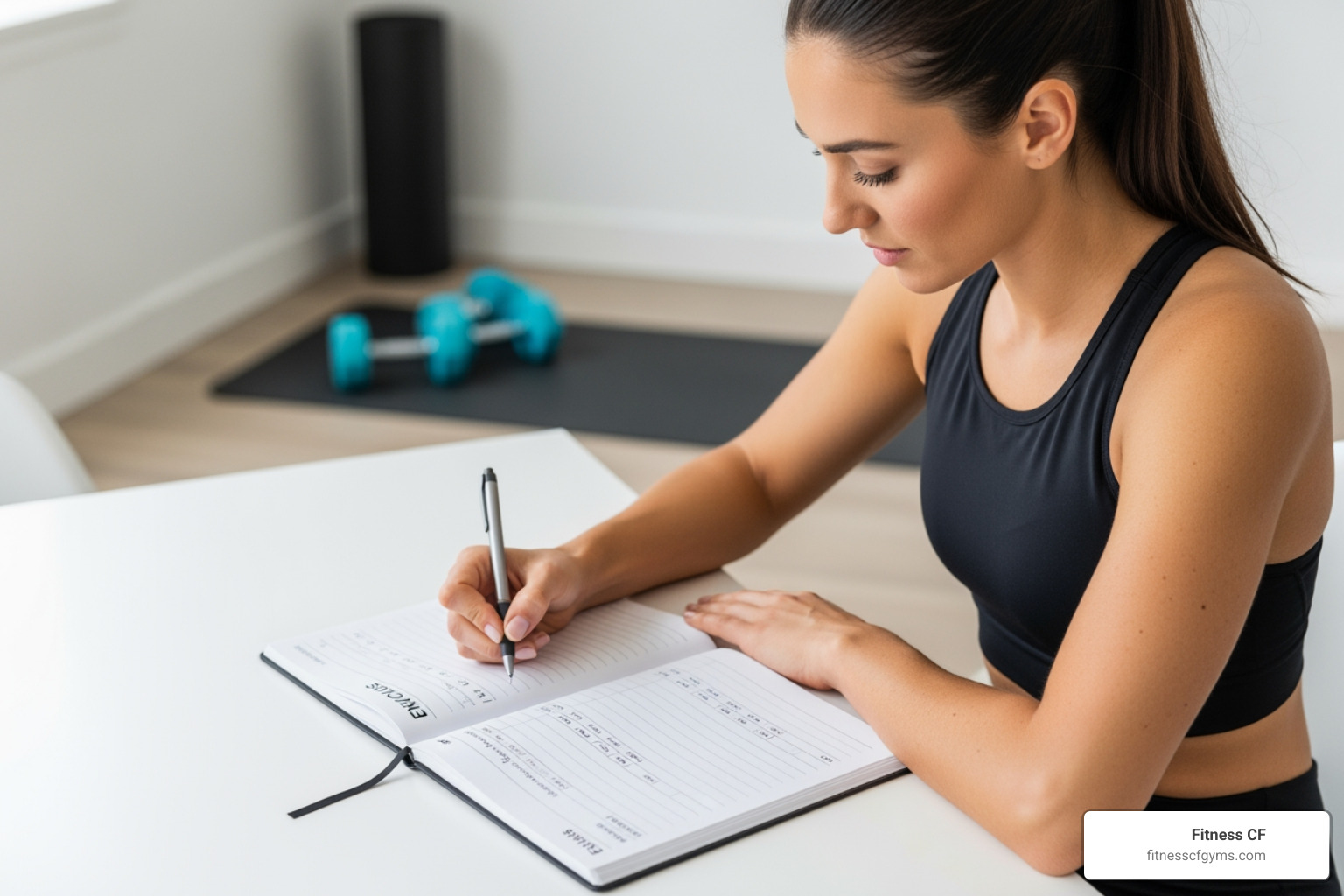 woman tracking her workout in a journal - full body workout women