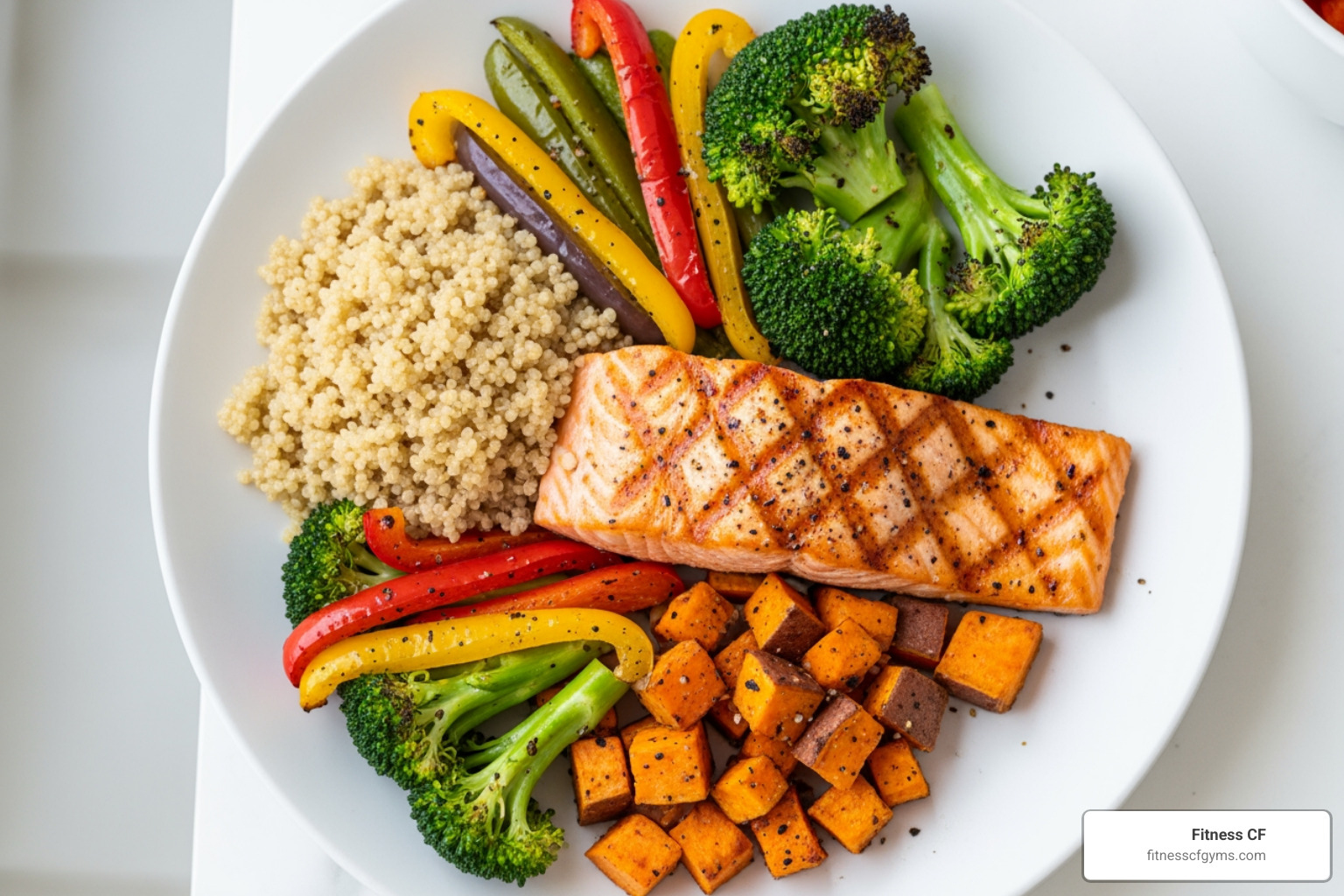 healthy meal with lean protein, complex carbs, and vegetables - full body workout women