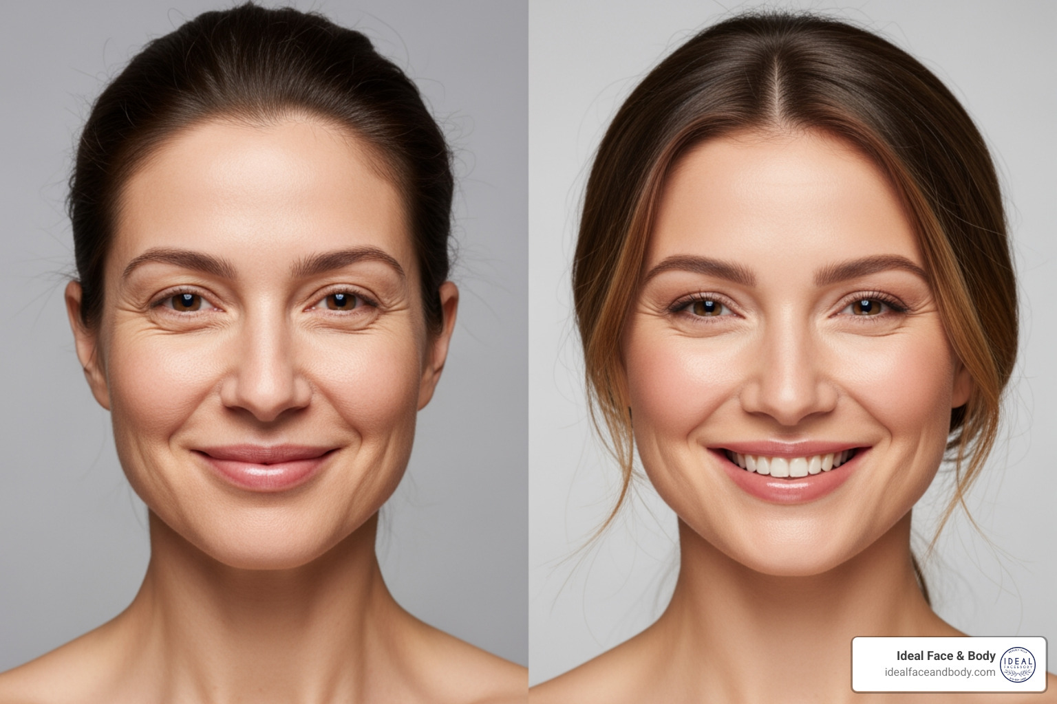 Side-by-side comparison of a pulled, tight look versus a volumized, youthful look - Stem cell face lift Side-by-side comparison of a pulled, tight look versus a volumized, youthful look - Stem cell face lift