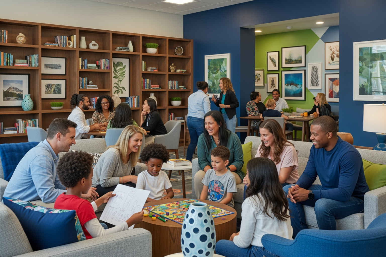 family participating in a community event in a UofT housing common area - UofT family housing