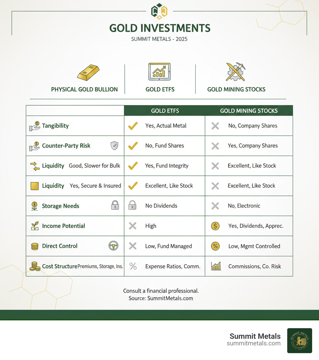 Infographic comparing physical gold bullion, gold ETFs, and gold mining stocks across various investment criteria - How to buy gold bullion infographic Infographic comparing physical gold bullion, gold ETFs, and gold mining stocks across various investment criteria - How to buy gold bullion infographic