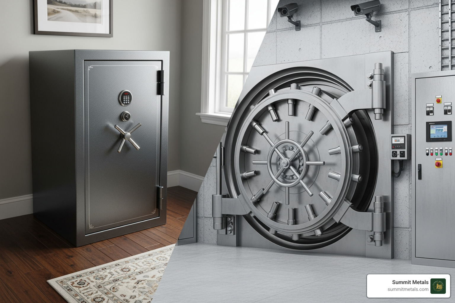 a secure home safe and a professional vault, representing storage options - How to buy gold bullion a secure home safe and a professional vault, representing storage options - How to buy gold bullion