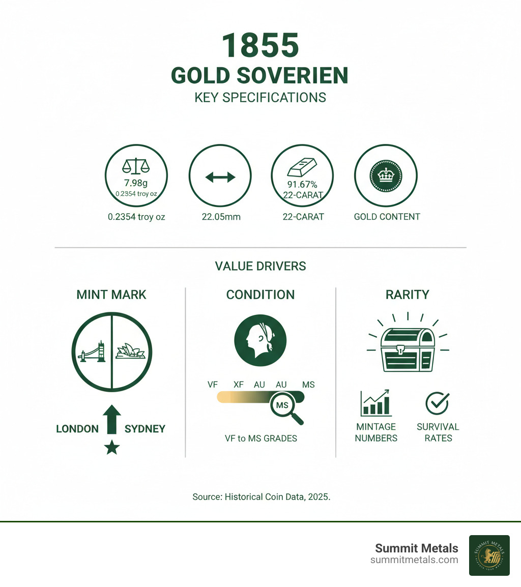 Infographic showing 1855 Gold Sovereign specifications: Weight 7.98g, Diameter 22.05mm, Gold Content 0.2354 troy oz, Purity 22-carat (91.67%), with three value drivers: Mint Mark (London vs Sydney), Condition (VF to MS grades), and Rarity (mintage numbers and survival rates) - 1855 gold sovereign value infographic Infographic showing 1855 Gold Sovereign specifications: Weight 7.98g, Diameter 22.05mm, Gold Content 0.2354 troy oz, Purity 22-carat (91.67%), with three value drivers: Mint Mark (London vs Sydney), Condition (VF to MS grades), and Rarity (mintage numbers and survival rates) - 1855 gold sovereign value infographic