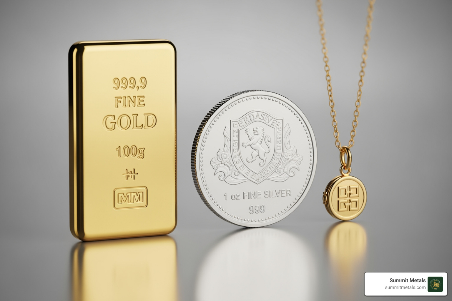 A gold bar, a silver coin, and a piece of gold jewelry side-by-side - where to sell gold and silver coins