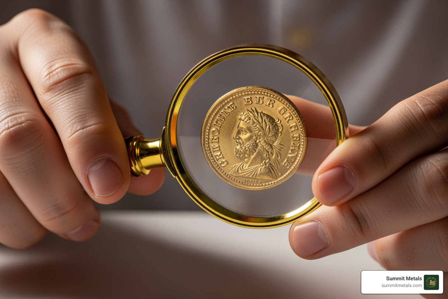 Person examining a coin with a magnifying glass - buy and sell gold and silver coins near sandy utah Person examining a coin with a magnifying glass - buy and sell gold and silver coins near sandy utah
