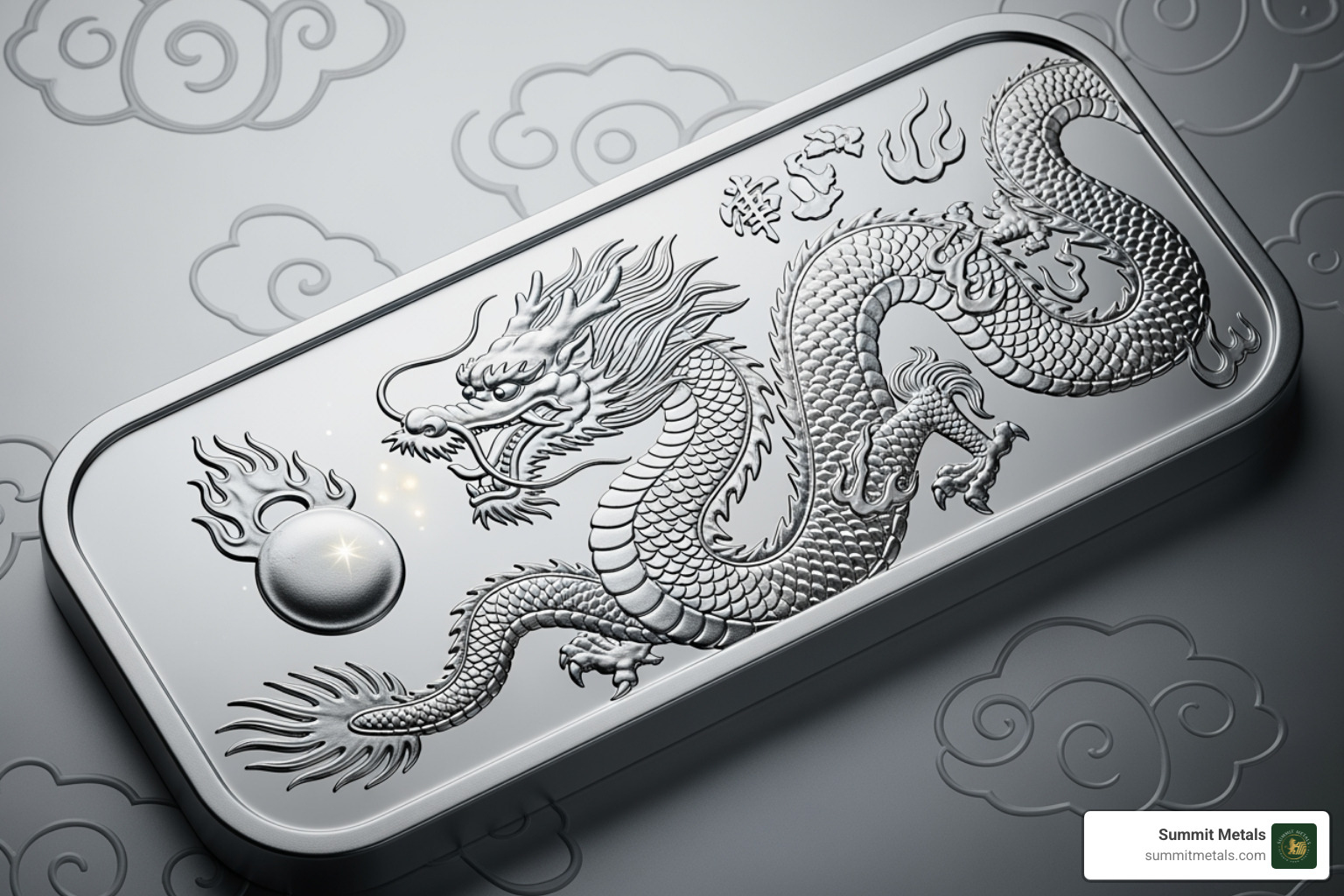 Detailed reverse design of a recent Perth Mint Dragon bar, showing the dragon chasing a flaming pearl against an intricate patterned background - 2026 1 oz silver australian dragon coin bar