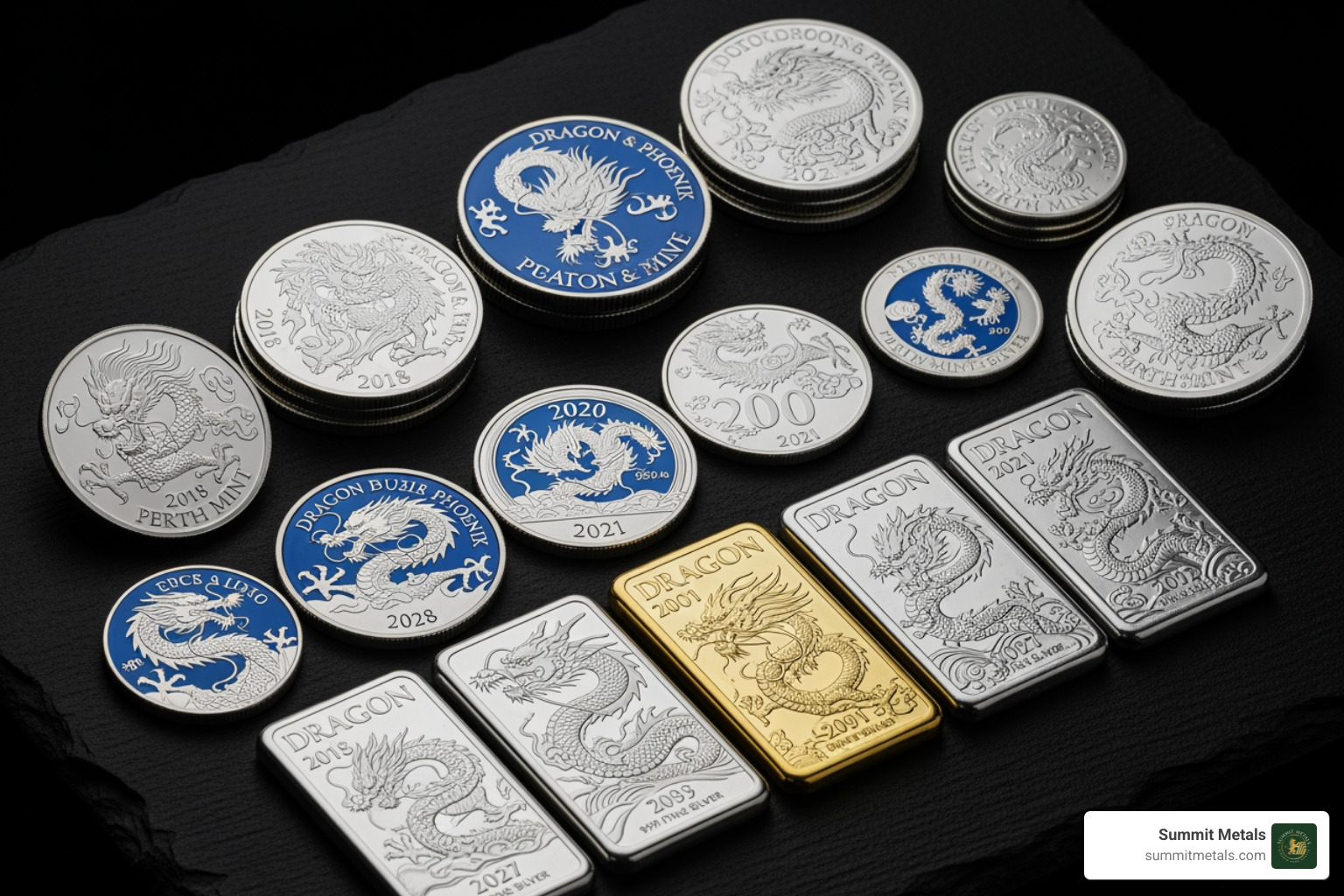 A collection of various Perth Mint dragon-themed silver coins and rectangular bars, showcasing different years and designs, highlighting the mint's diverse dragon offerings - 2026 1 oz silver australian dragon coin bar