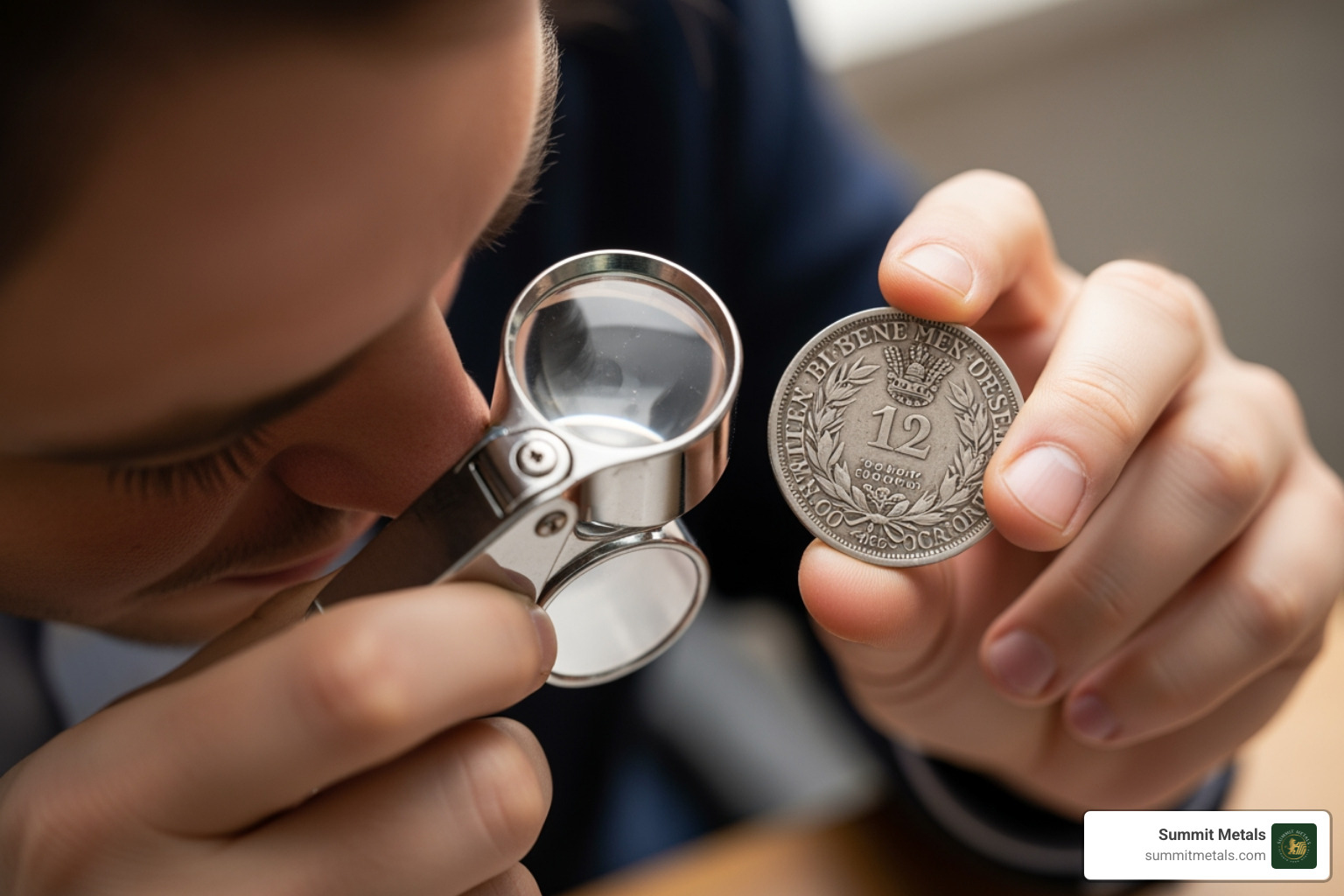 Person examining a silver coin with a loupe - 2026 1oz silver coin