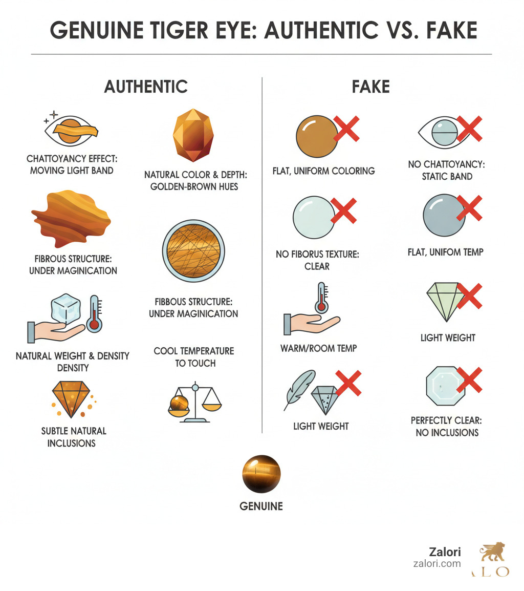 Infographic showing the key visual characteristics of genuine tiger eye: chatoyancy effect with a moving light band, golden-brown natural coloring with depth, fibrous internal structure visible under magnification, cool temperature to touch, natural weight and density, and subtle natural inclusions versus perfectly clear fakes - genuine tiger eye bracelet infographic Infographic showing the key visual characteristics of genuine tiger eye: chatoyancy effect with a moving light band, golden-brown natural coloring with depth, fibrous internal structure visible under magnification, cool temperature to touch, natural weight and density, and subtle natural inclusions versus perfectly clear fakes - genuine tiger eye bracelet infographic