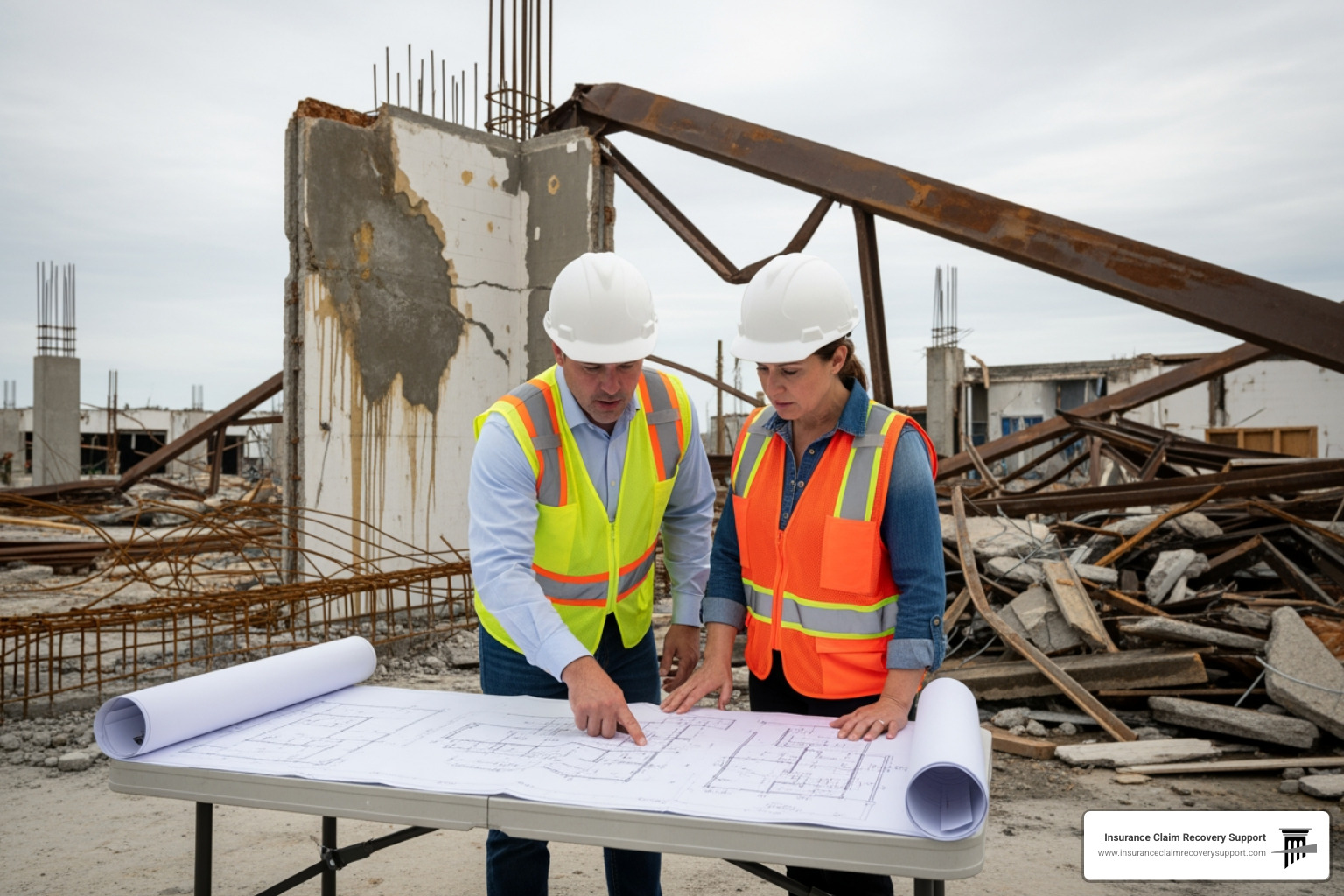 public adjuster and property owner reviewing blueprints at a damaged site - Bad faith insurance