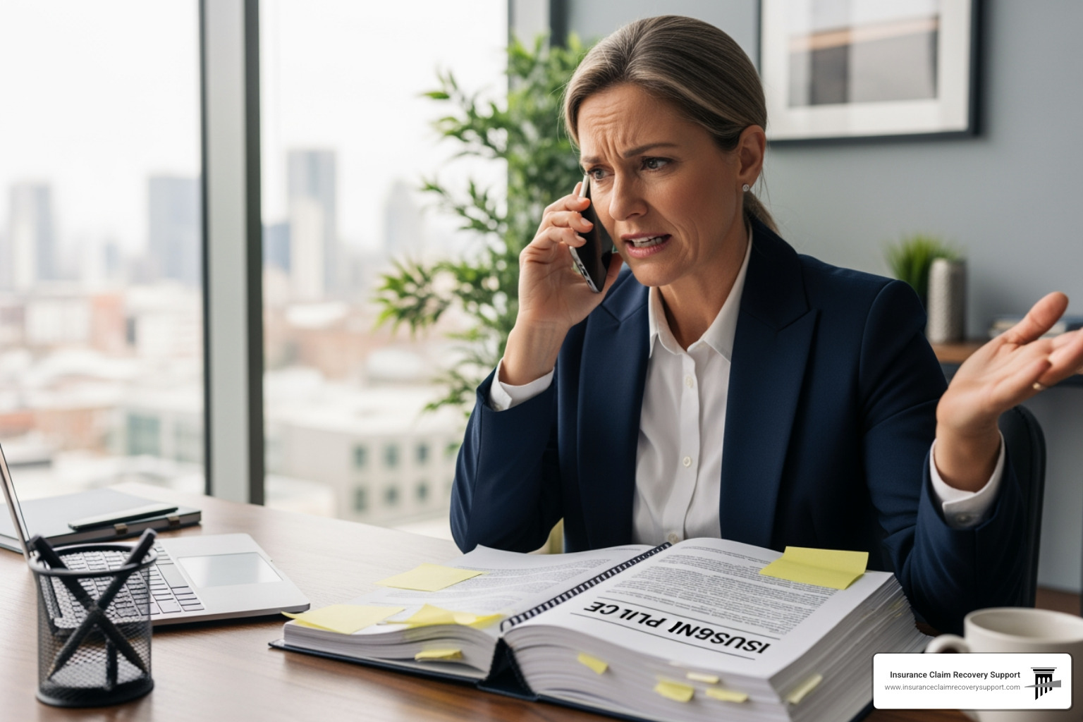 frustrated property manager on the phone looking at a thick insurance policy - Bad faith insurance