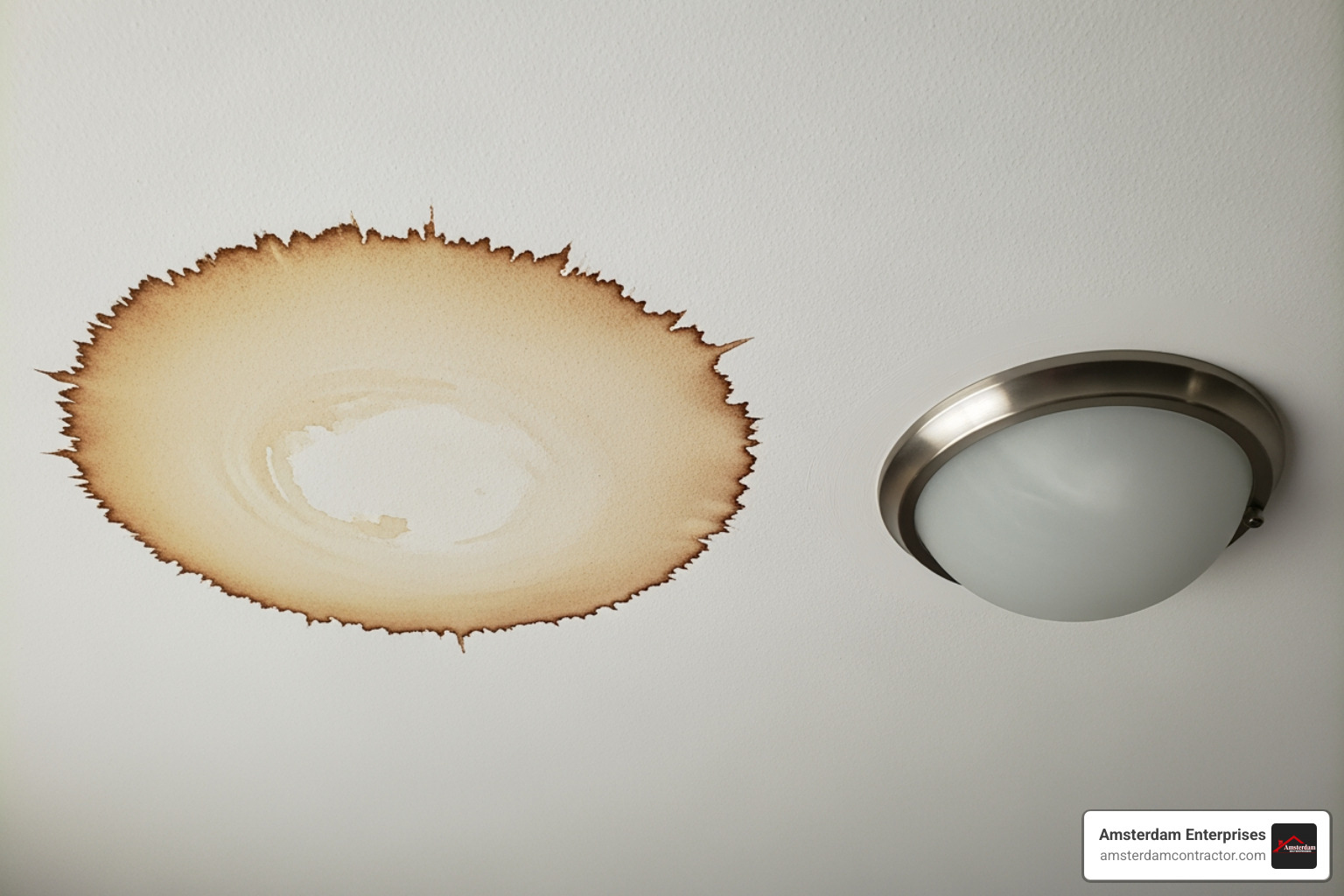 water stain on a ceiling near a light fixture - storm damage roof inspection