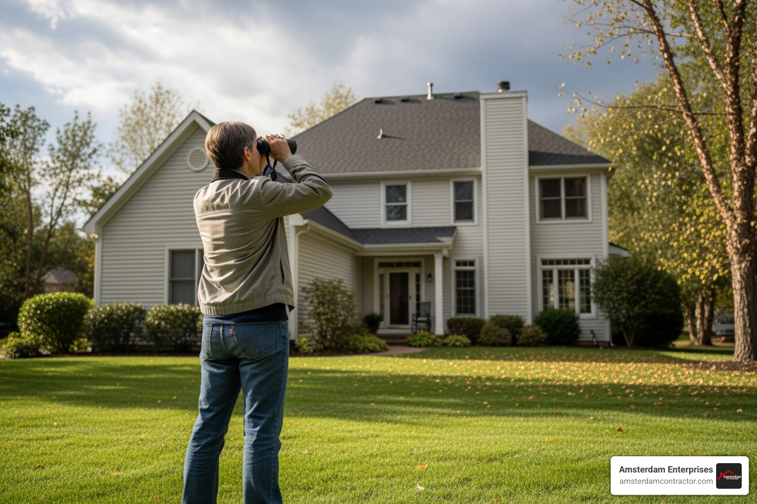 homeowner safely using binoculars to look at their roof from the ground - storm damage roof inspection