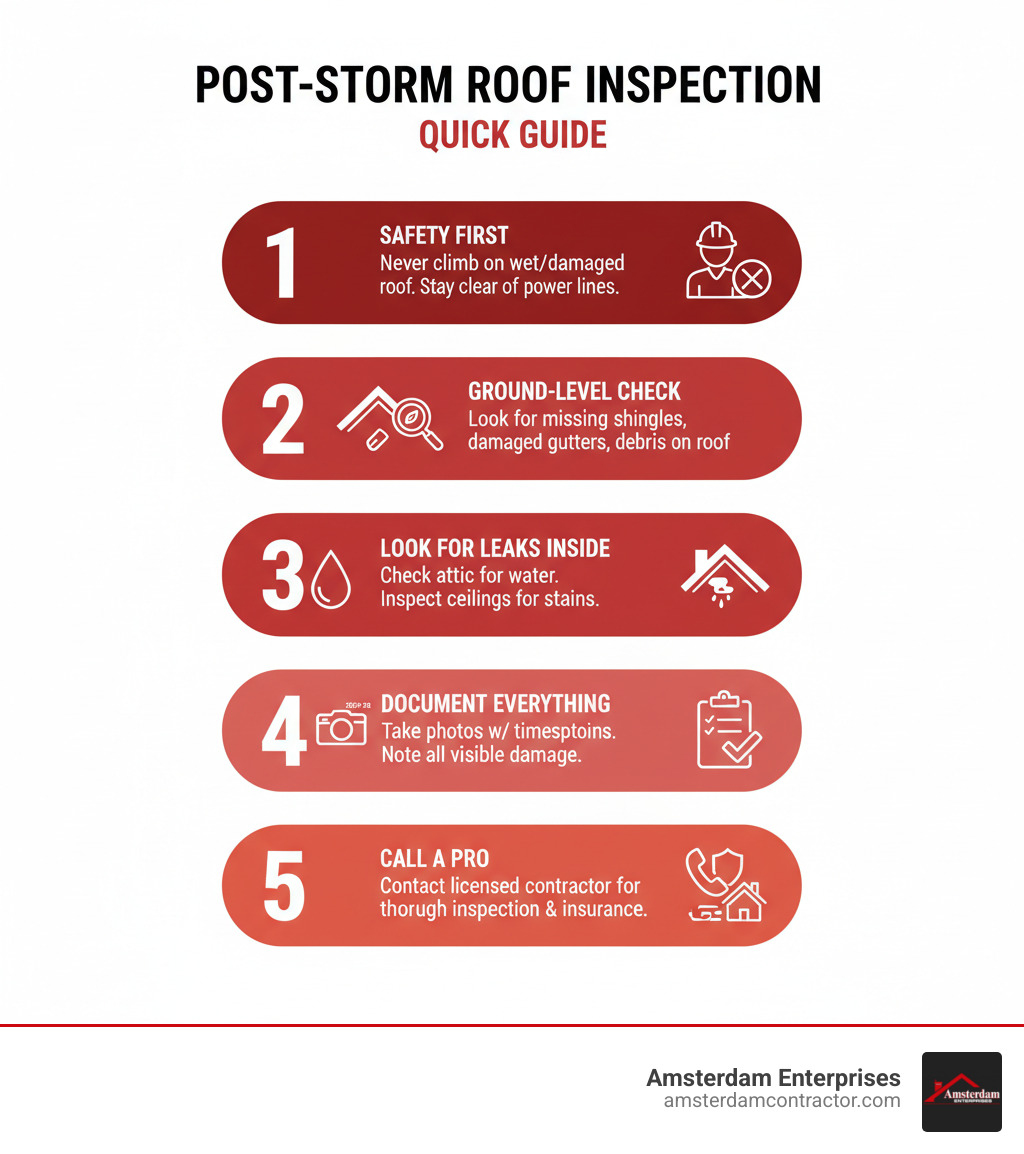 Post-Storm Roof Inspection Quick Guide: Step 1 - Safety First (never climb on wet or damaged roof, stay clear of power lines); Step 2 - Ground-Level Check (look for missing shingles, damaged gutters, debris on roof); Step 3 - Look for Leaks Inside (check attic for water, inspect ceilings for stains); Step 4 - Document Everything (take photos with timestamps, note all visible damage); Step 5 - Call a Pro (contact licensed contractor for thorough inspection and insurance documentation) - storm damage roof inspection infographic 
