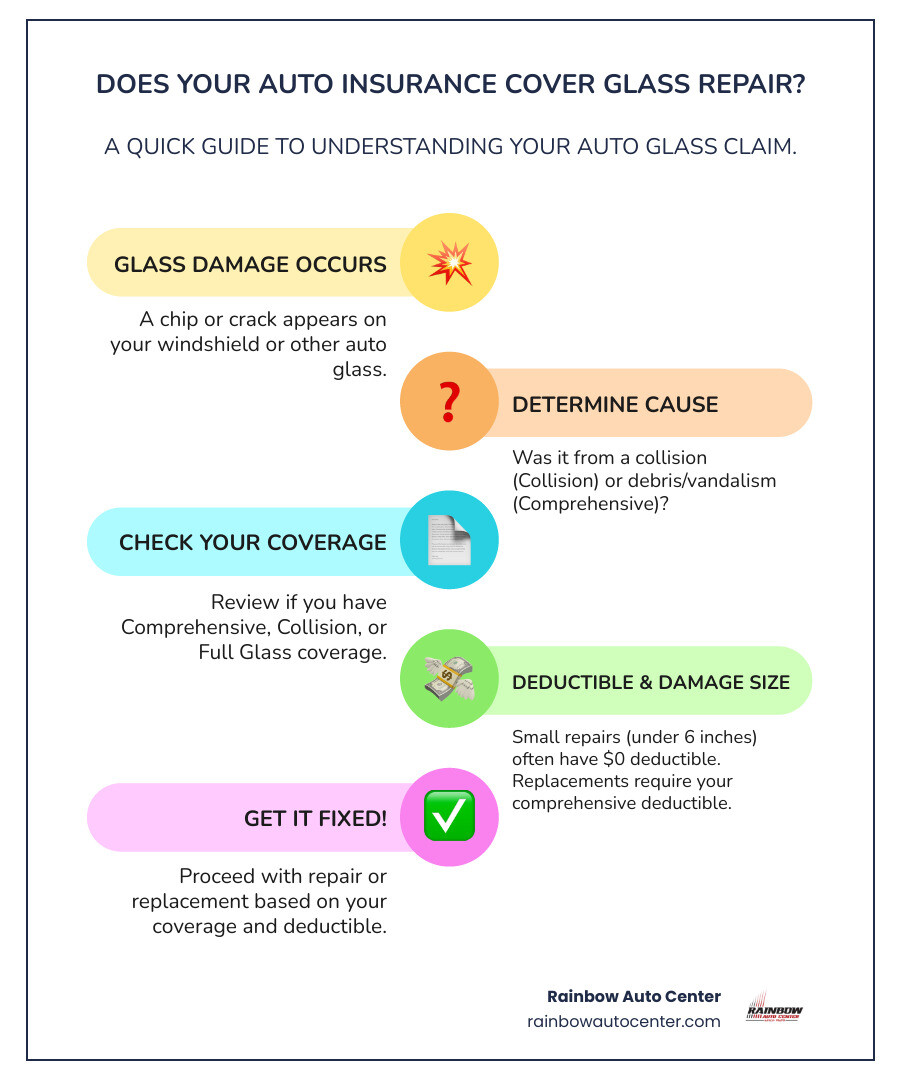 Infographic showing flowchart: "Does Your Insurance Cover Glass Repair?" - Starting with "Glass Damage Occurs" branching to "Accident-Related?" (Yes leads to "Collision Coverage May Apply") and (No leads to "Comprehensive Coverage May Apply"), then flowing to "Check Your Deductible" and "Repair Under 6 inches?" with final outcomes of either "Often $0 Deductible for Repair" or "Pay Deductible for Replacement" - does auto insurance cover glass repair infographic infographic-line-5-steps-colors
