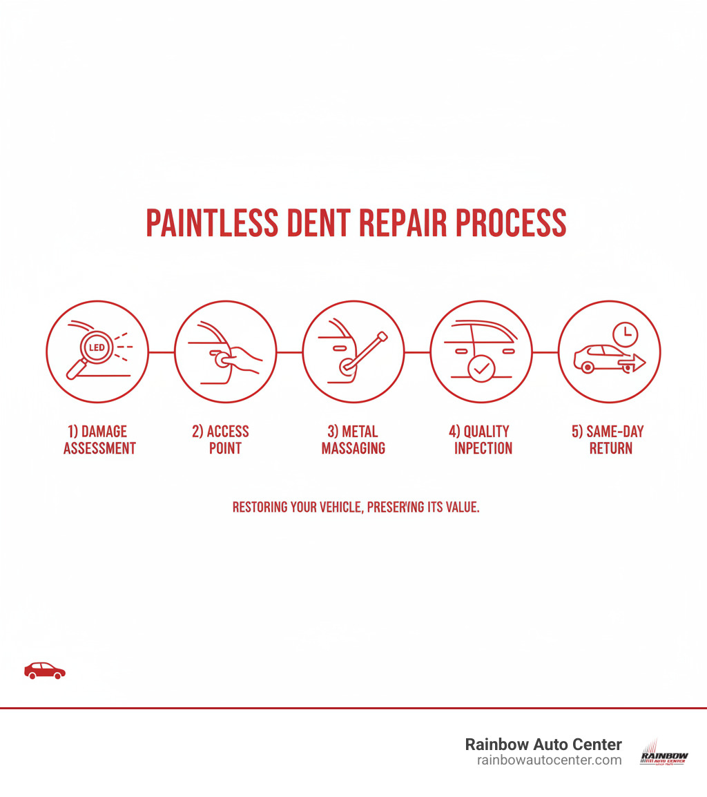 Infographic showing the PDR process: 1) Damage assessment with LED lighting, 2) Access point identification behind the panel, 3) Specialized tools massage metal back to original shape, 4) Quality inspection ensures factory finish is preserved, 5) Vehicle returned same day in most cases - local dent removal infographic 