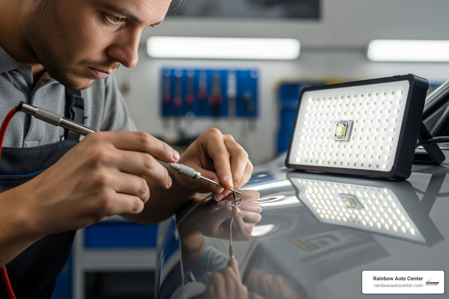 A Rainbow Auto Center technician using a specialized tool and light on a car panel - local dent removal