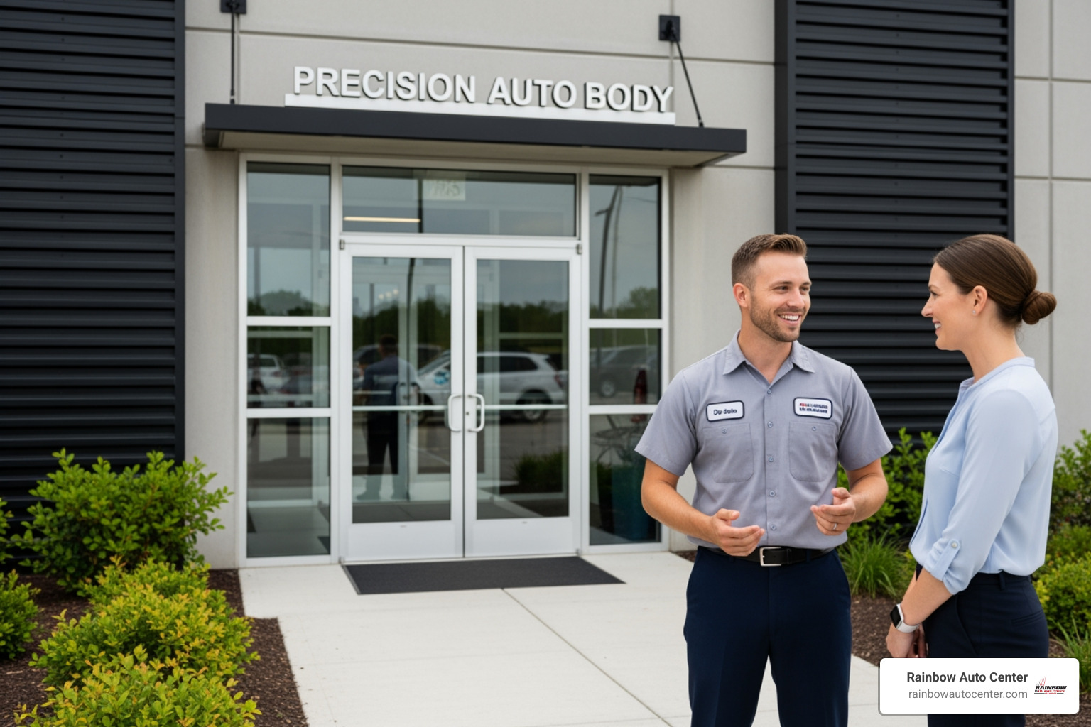 A friendly Rainbow Auto Center technician talking to a customer in front of a clean Hayward auto body shop - local dent removal