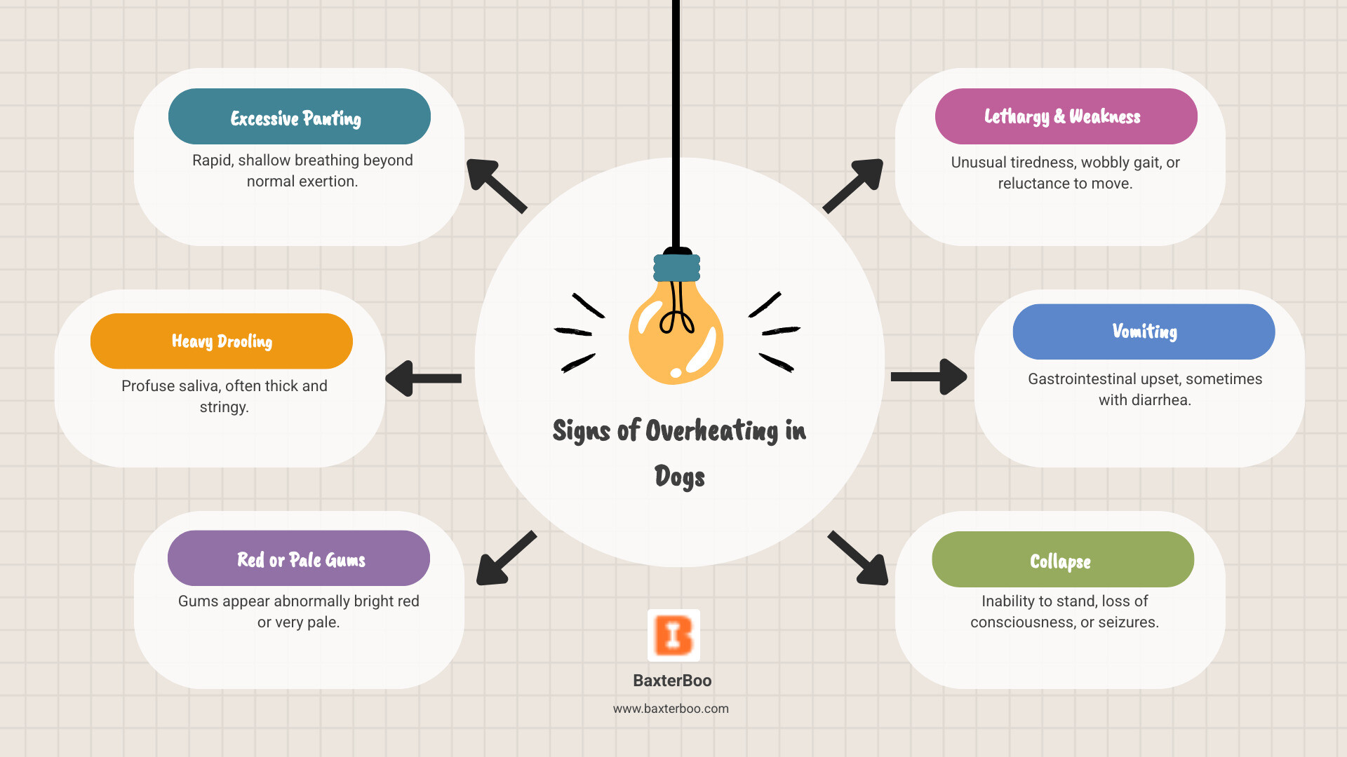 infographic showing signs of dog overheating including excessive panting, drooling, bright red gums, lethargy, weakness, vomiting, and collapse with temperature thresholds - cooling jacket for dogs infographic brainstorm-6-items