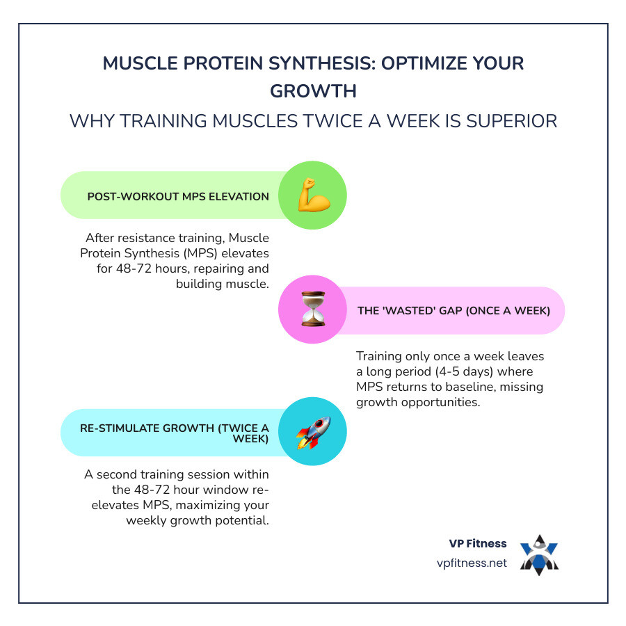 infographic showing weekly training schedule with muscle groups trained twice per week, illustrating the muscle protein synthesis window of 48-72 hours and how twice-weekly training re-stimulates growth just as MPS returns to baseline - 4 day split hitting each muscle twice infographic infographic-line-3-steps-colors